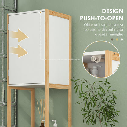 Space-Saving Bamboo Bathroom Column with Open Shelves and 2 Push-Opening Cabinets, White