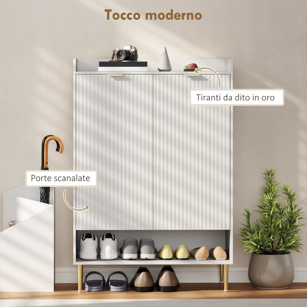 Space-Saving Shoe Rack for 24 Pairs of Shoes with 2 Doors, 3 Pull-Out Shelves and Bottom Shelf, White