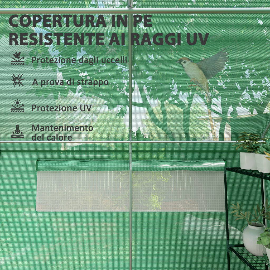 unnel Greenhouse with 3 Roller Doors and 6 Windows, in Galvanized Steel and PE, 6x3x2 m, Green