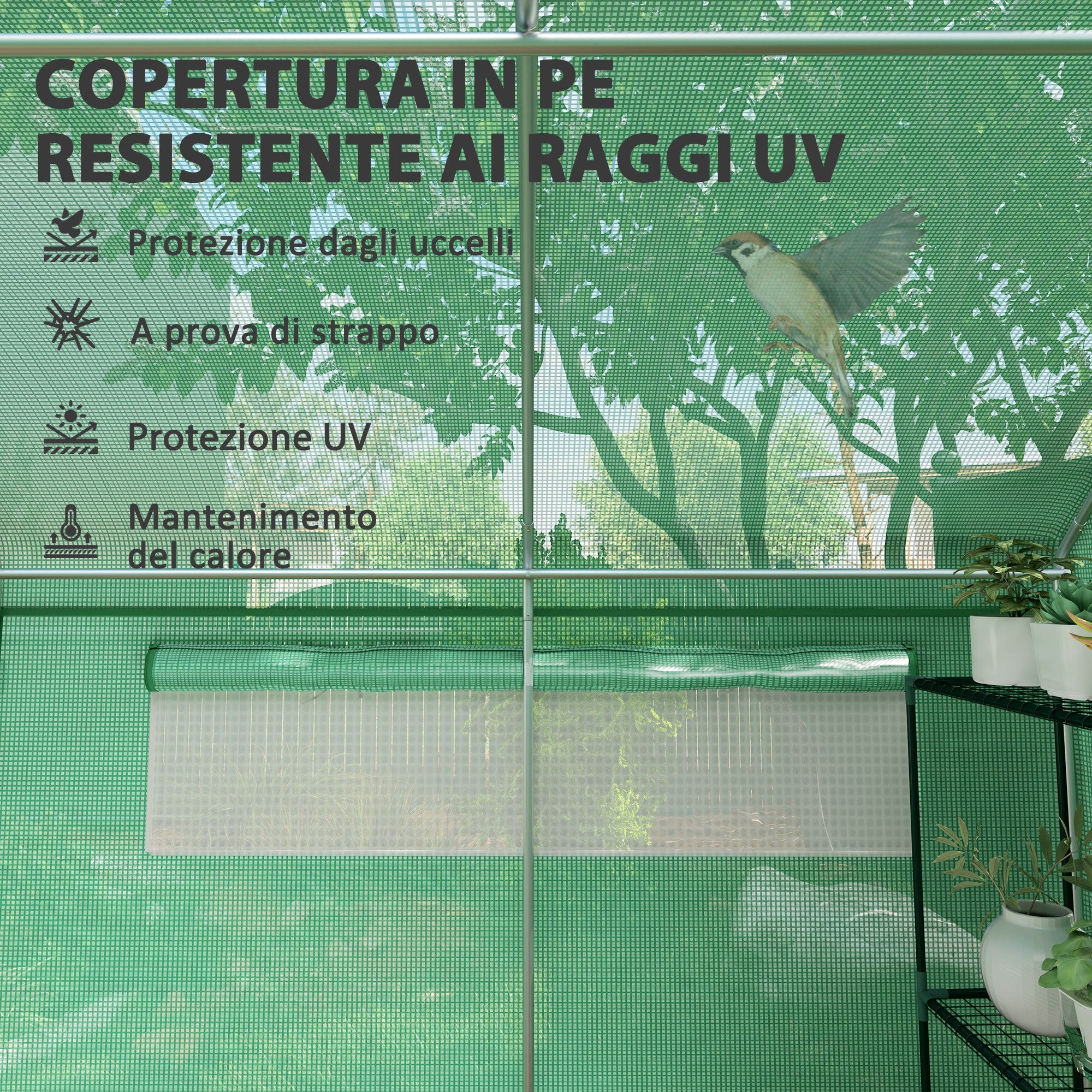 unnel Greenhouse with 3 Roller Doors and 6 Windows, in Galvanized Steel and PE, 6x3x2 m, Green