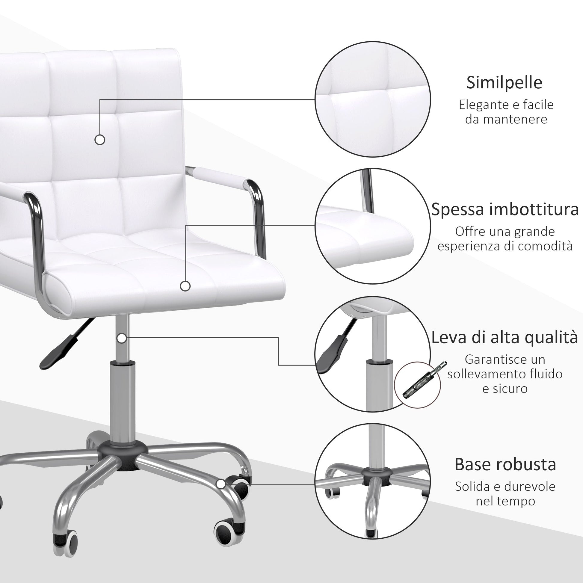 Homcom office chair in white-like-like 5 swivel wheels, padding and adjustable height, 52.5x54x84-99cm - Borgè