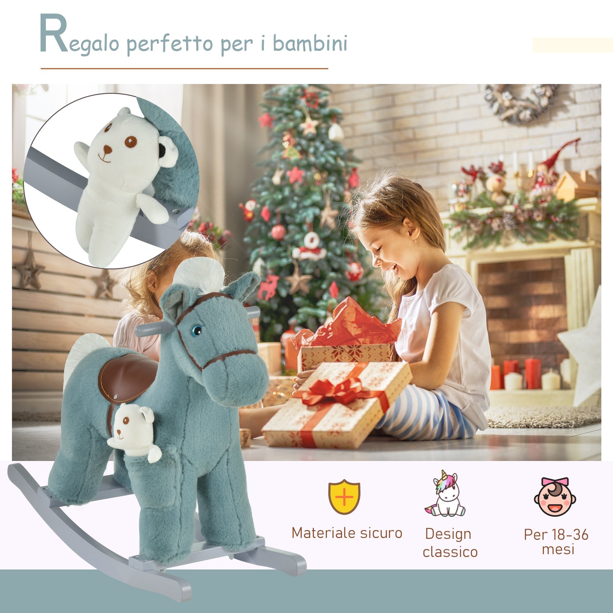 Homcom Cavallo with plush and wood with sounds and bears included, for children of 18-36 months, 65x26x55cm, blue - Borgè