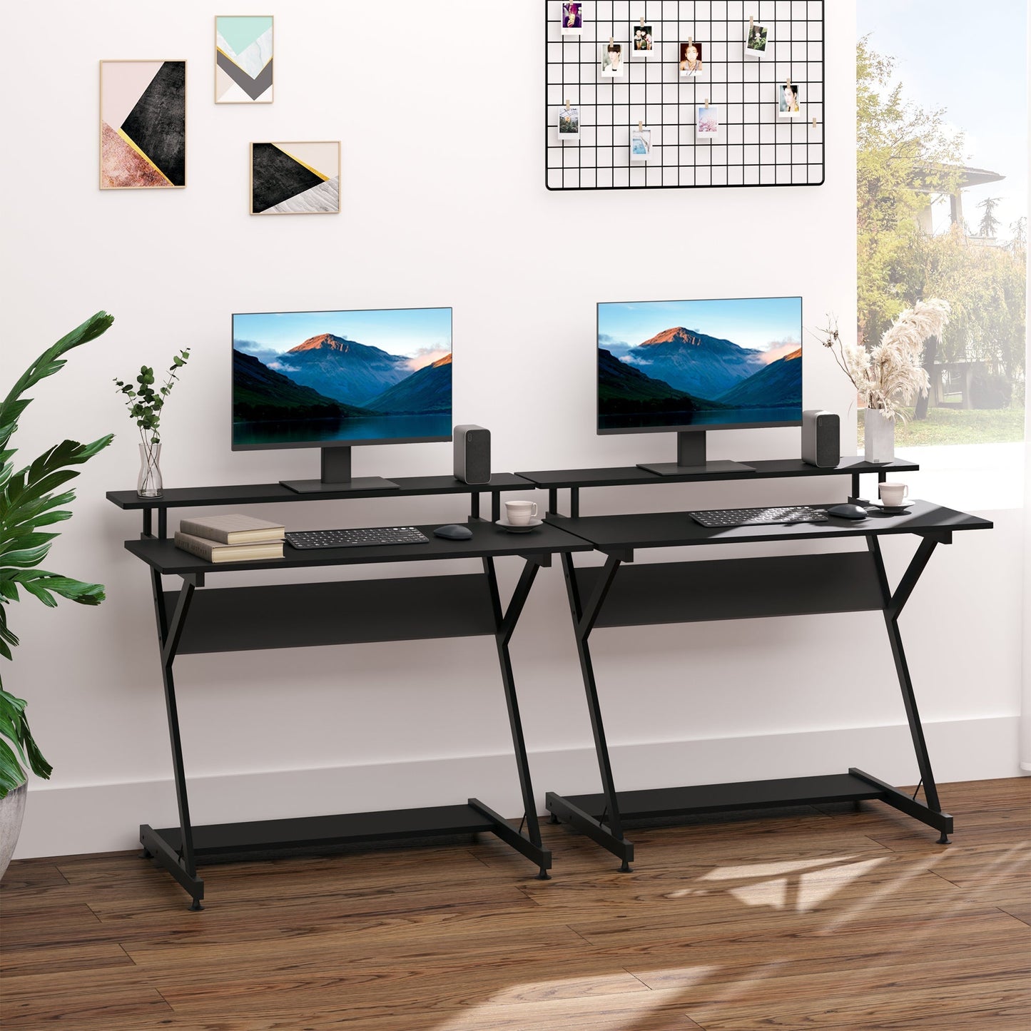 Table PC Room Road with raised monitor shelf, wooden office desk, 100x60x85.5cm - Black - Borgè