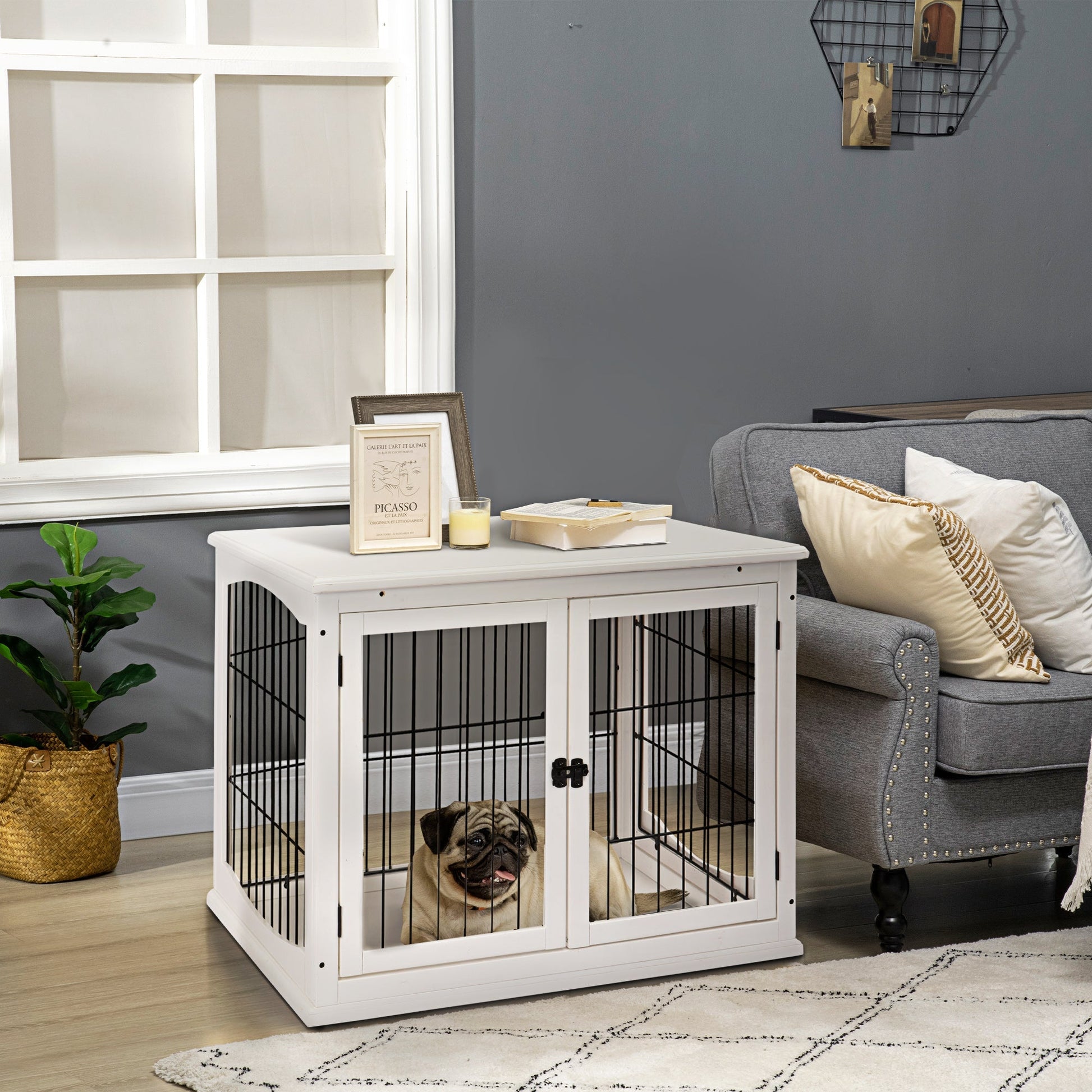 PAWHUT DOG House up to 30kg of wooden and steel interior, 58.5x81x 66cm - White - Borgè