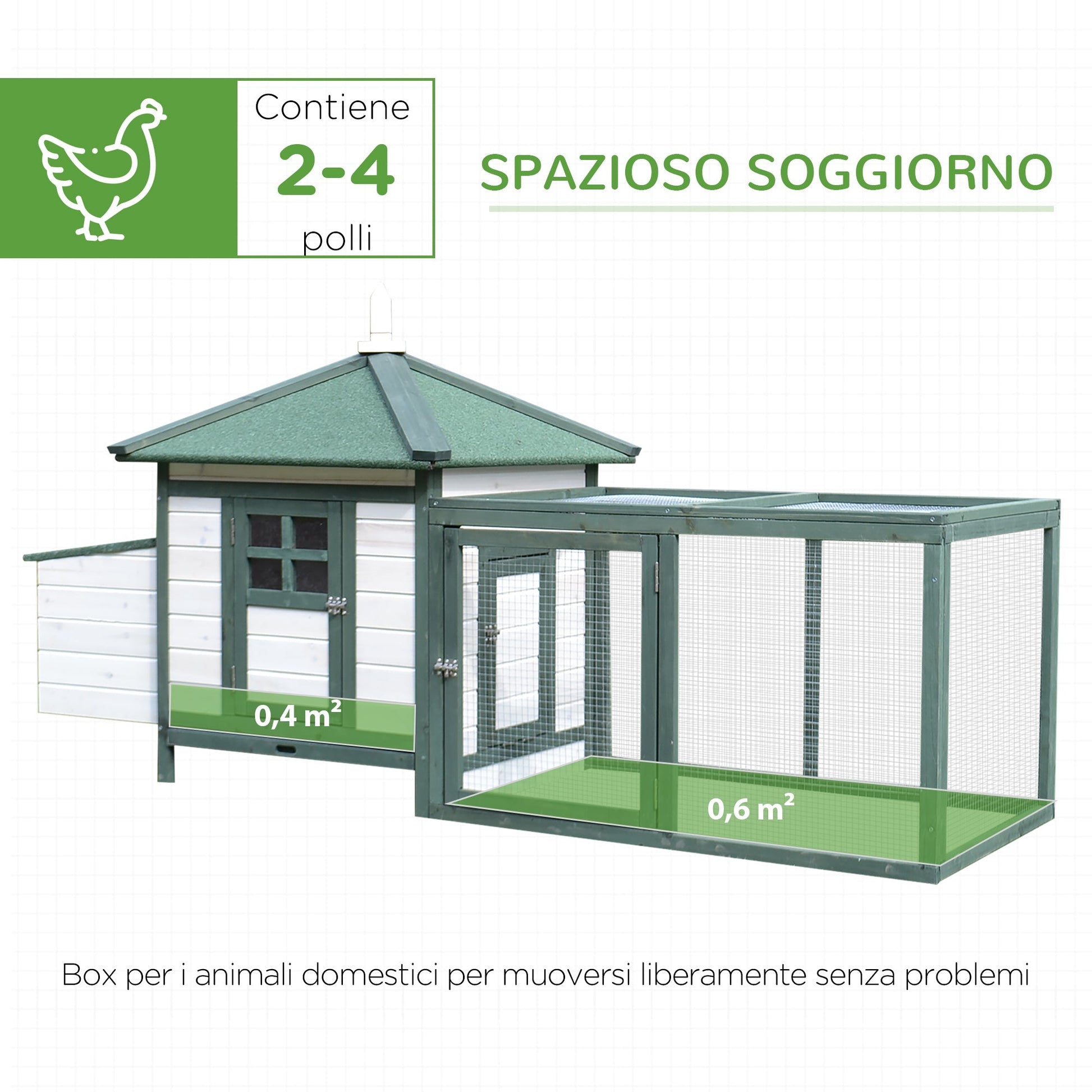 Pawhut Wooden Garden Chicken Coop 196x76x97cm - white/green - Borgè