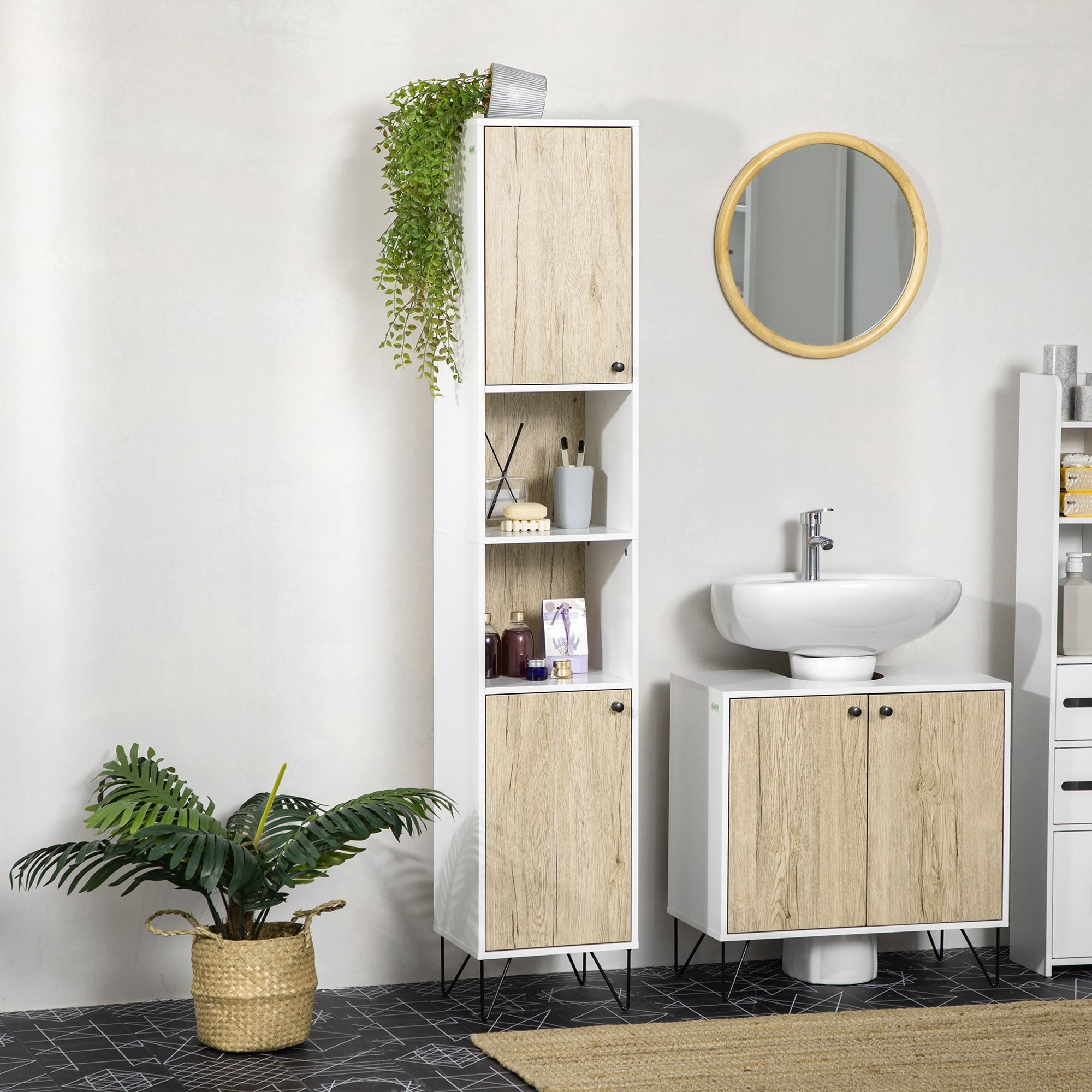 Kleankin Bathroom column with 2 open shelves and 2 shades in chipboard, 30x31.5x169 cm, white and wooden color - Borgè