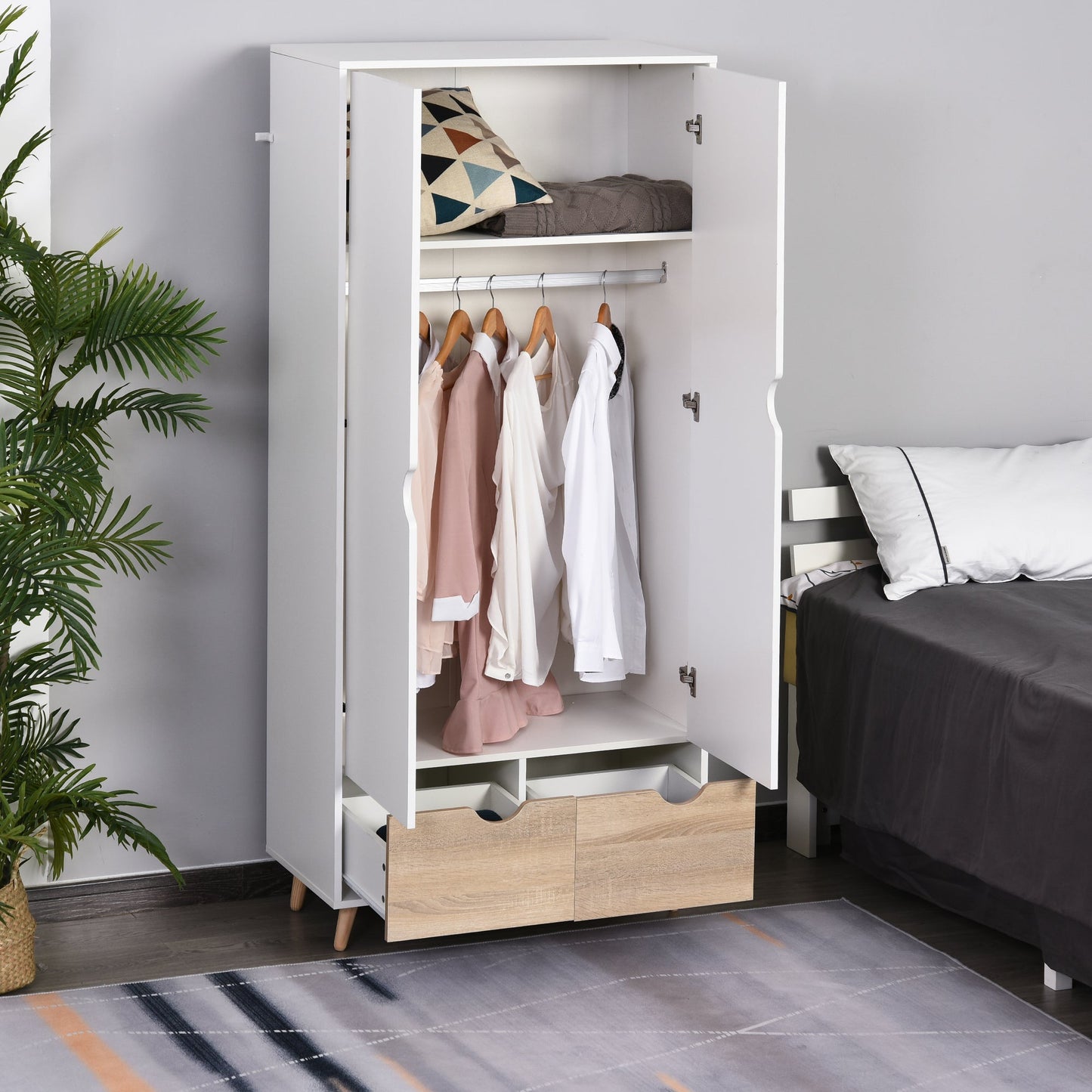 wardrobe with two wooden doors with 1 shelf and 2 drawers with white carved handles - Borgè