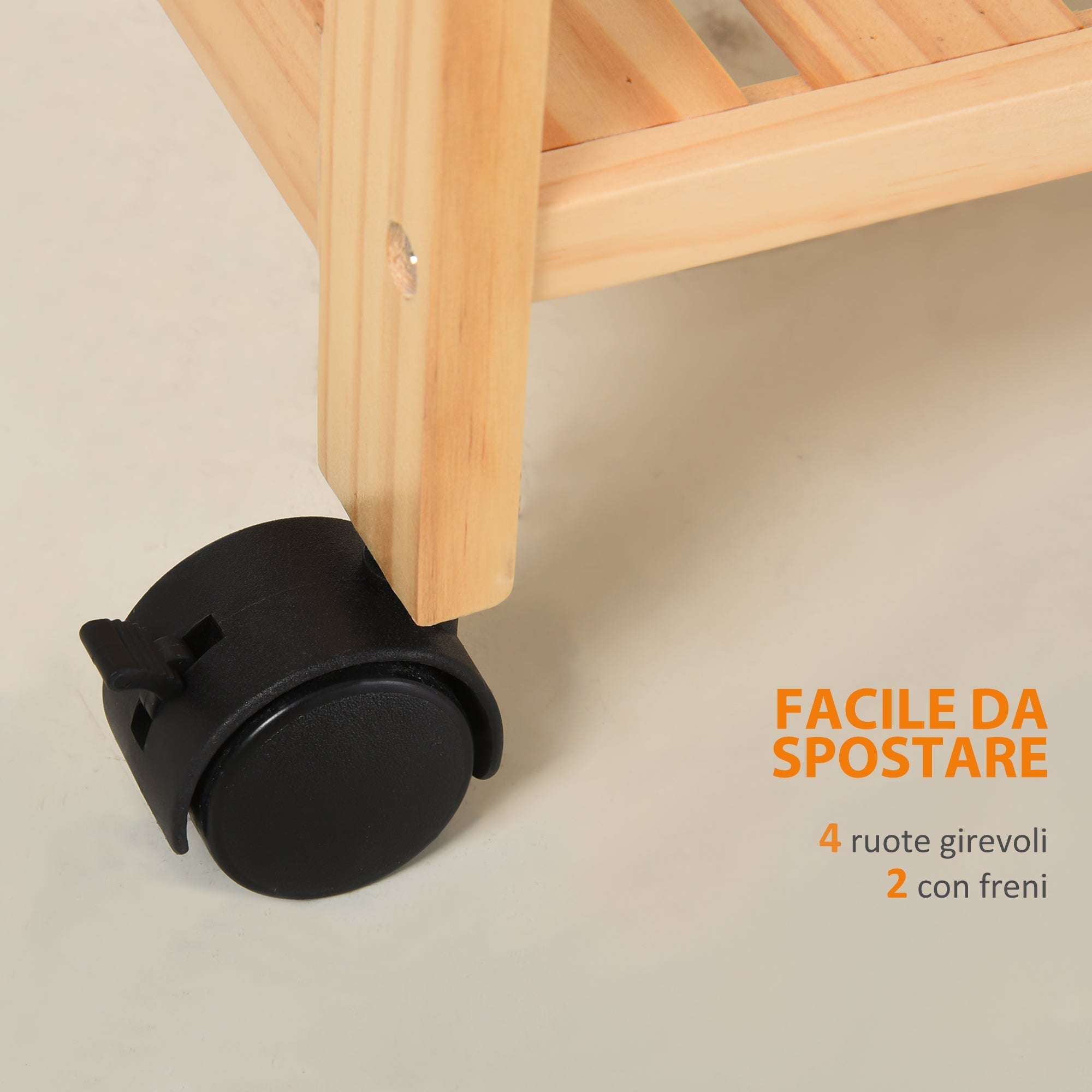 Wooden Trolley on 4 Level Kitchen Trolley in Pine wood and 4 swivel wheels | 40x30x76 cm - Borgè