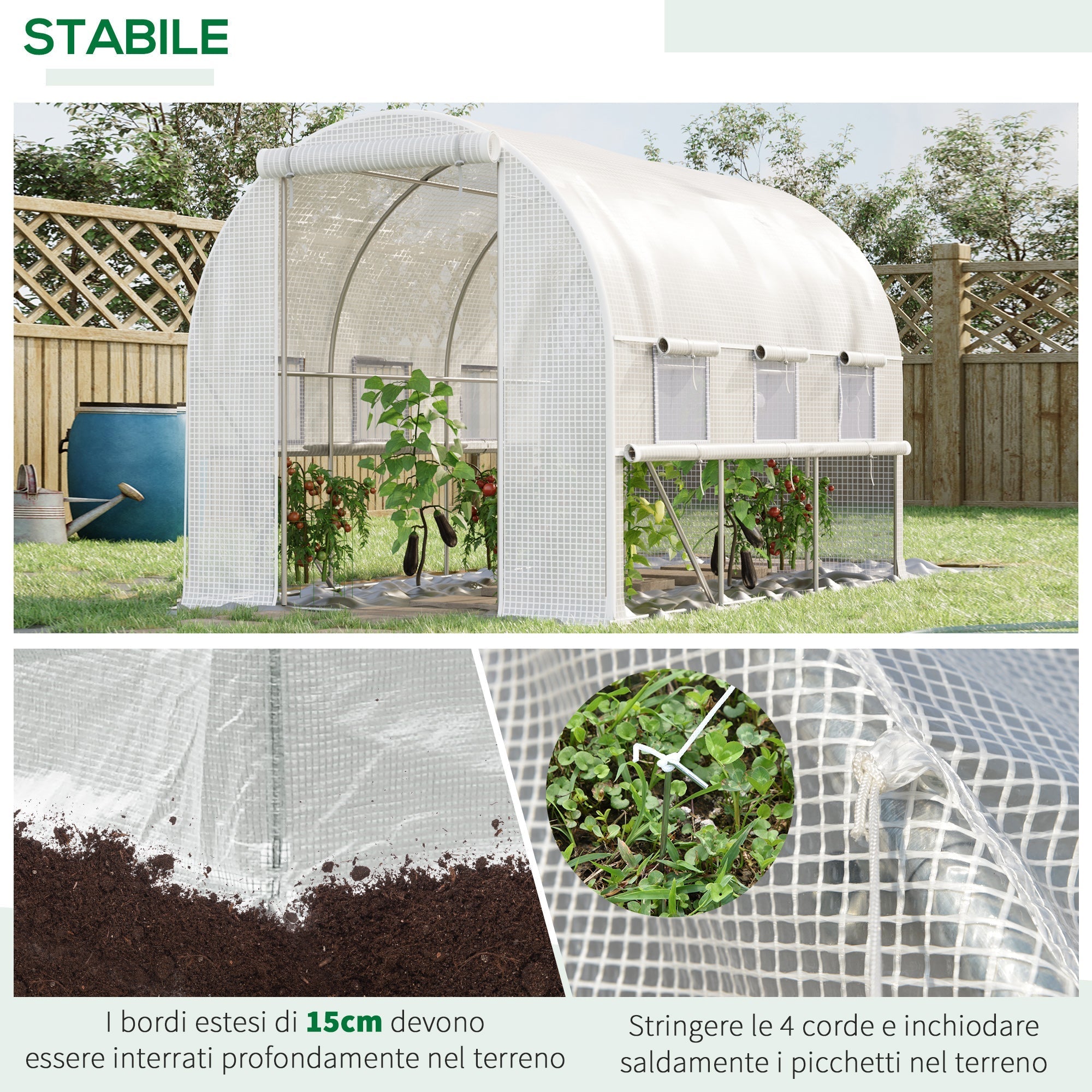3x2x2m Steel Greenhouse with PE Cover, Zip Doors and Mesh Windows, White - Borge' Group Limited