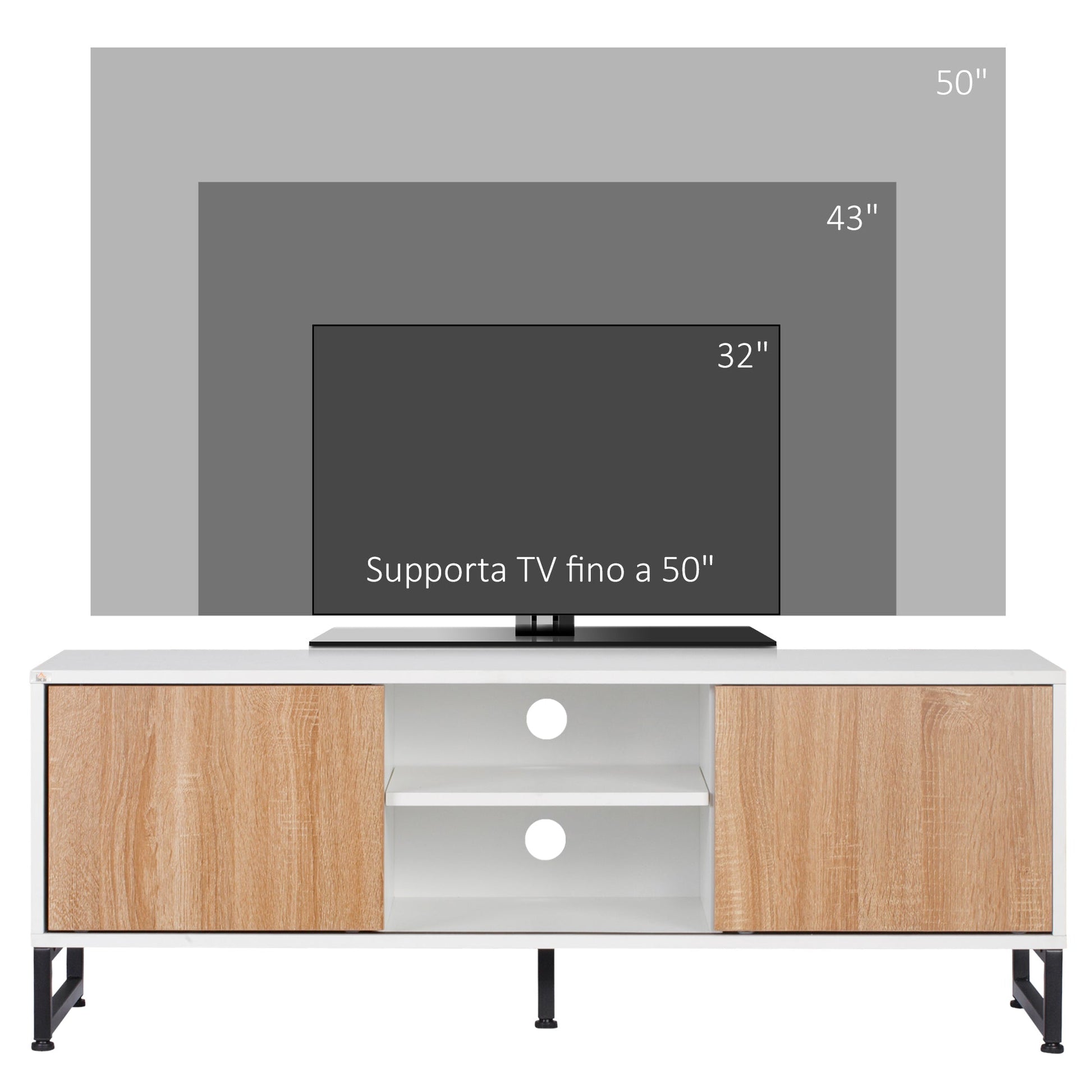 Modern TV Mobile 50 "Max in chipboard and steel with 2 open shelves and 2 closed lockers, 120x39.5x45 cm - Borgè