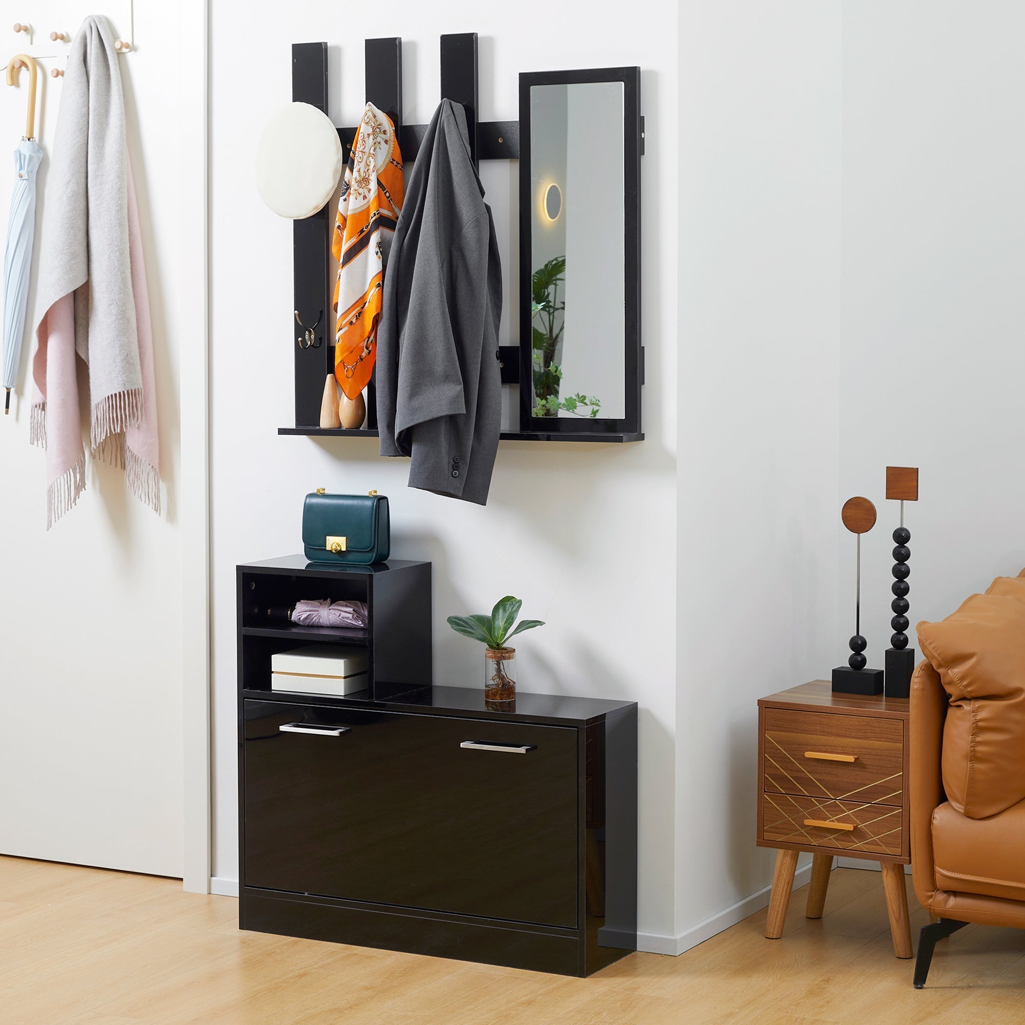 Set Appendi Entrance Dresses With Mirror And Bench Shoes For 8 Paia of Shoes, Shoned Black - Borgè