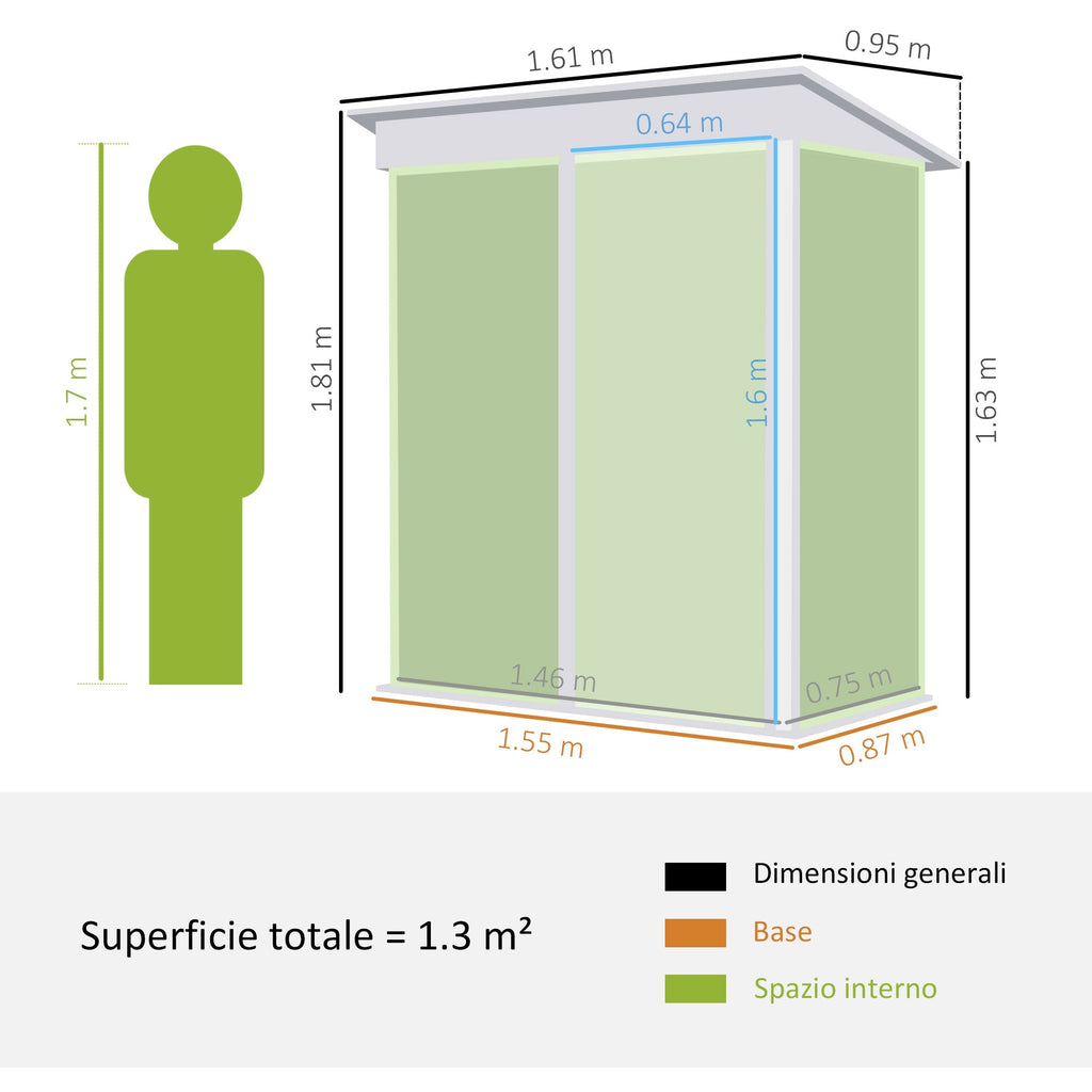 Steel Garden Shed with Lockable Door, 161x95x163/181cm, Green - Borge' Group Limited