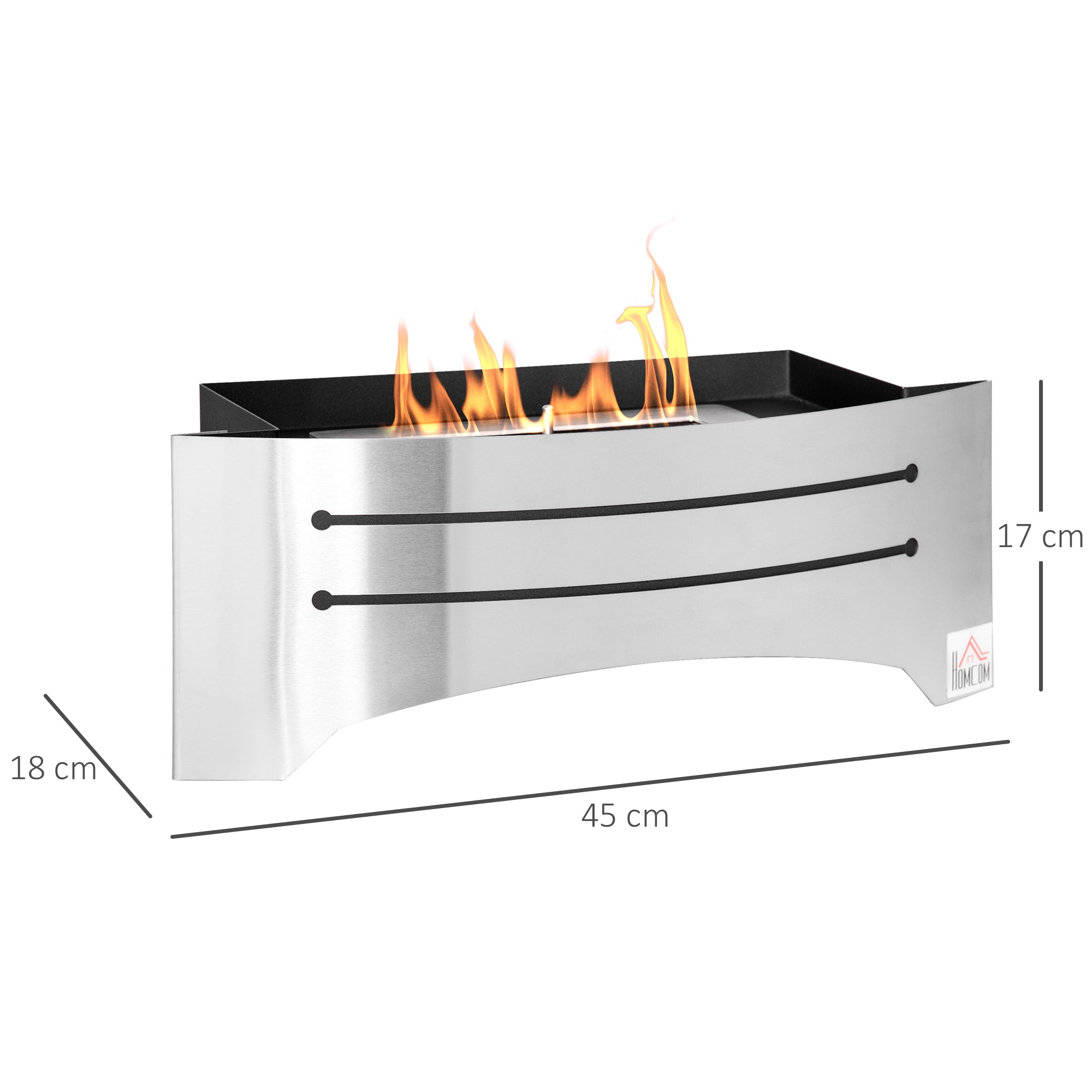 Bioethanol fireplace in stainless steel, 3h combustion with 1.5L tank and 25m² coverage, 45x18x17 cm, silver - Borgè