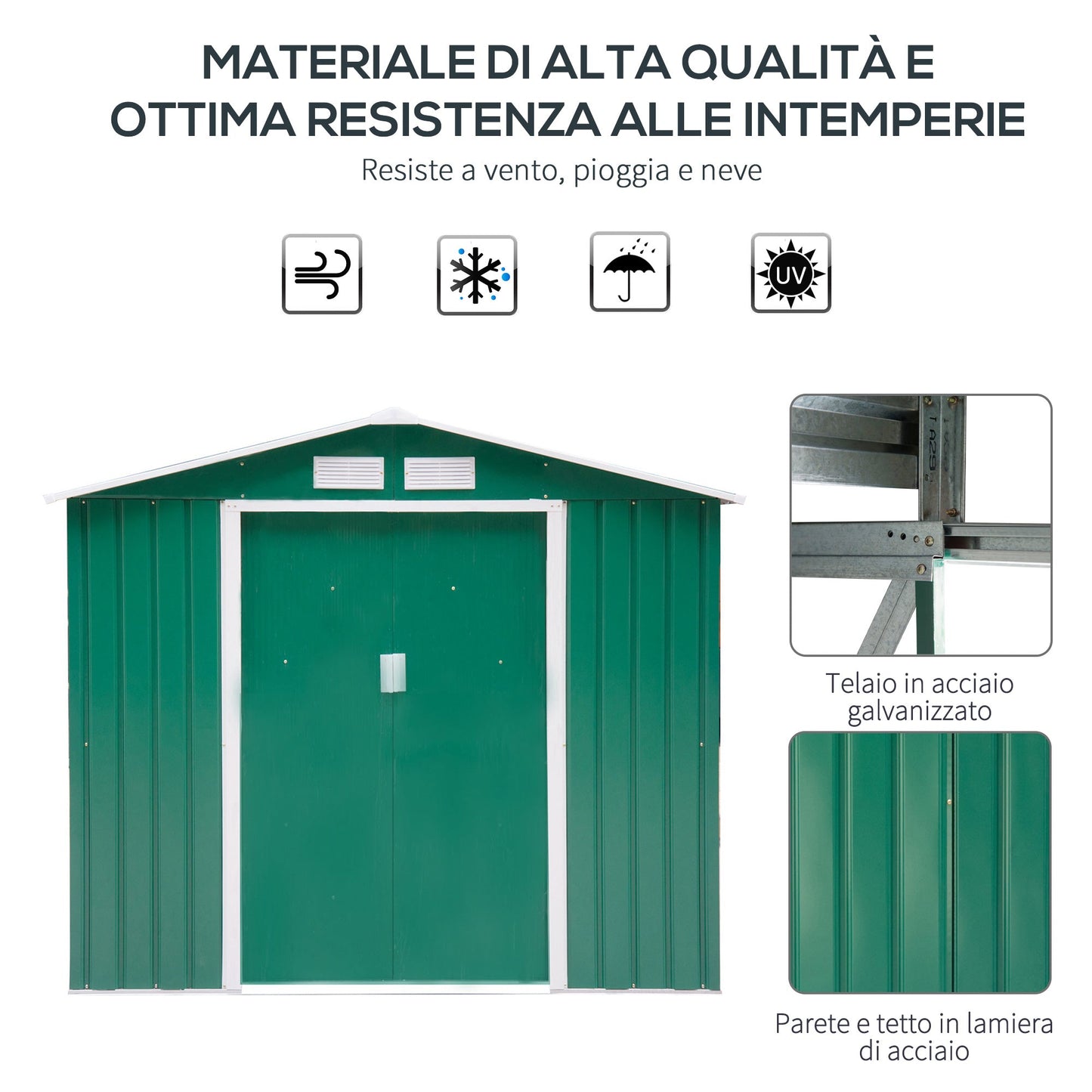 Outsunny Garden House Door Glash in Steel Sheet, Steel Garden Shed with Sliding Doors, 213x130x185cm, Green - Borgè