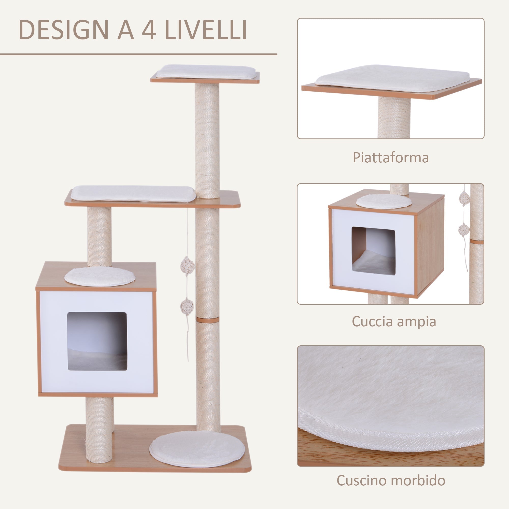Wooden Cat Tree for cats with Scratch Pole 120cm | 71.5x49.5x120cm Wood, White - Borgè