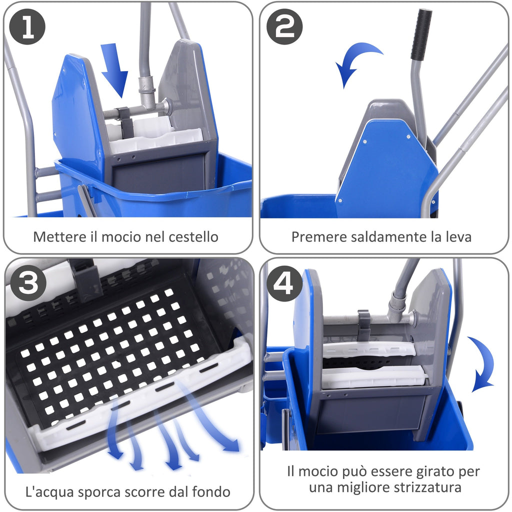 Professional cleaning cart with 25L and stripper bucket, blue - Borgè