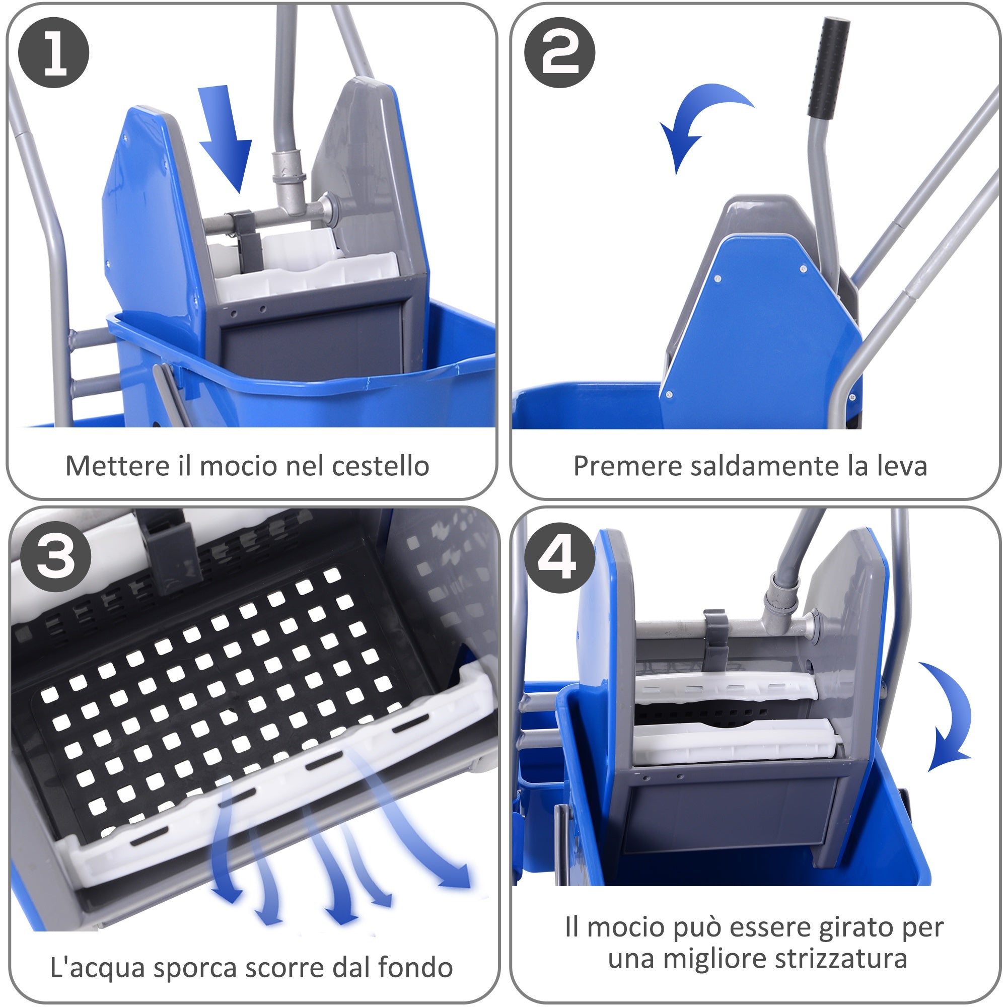 Professional cleaning cart with 25L and stripper bucket, blue - Borgè