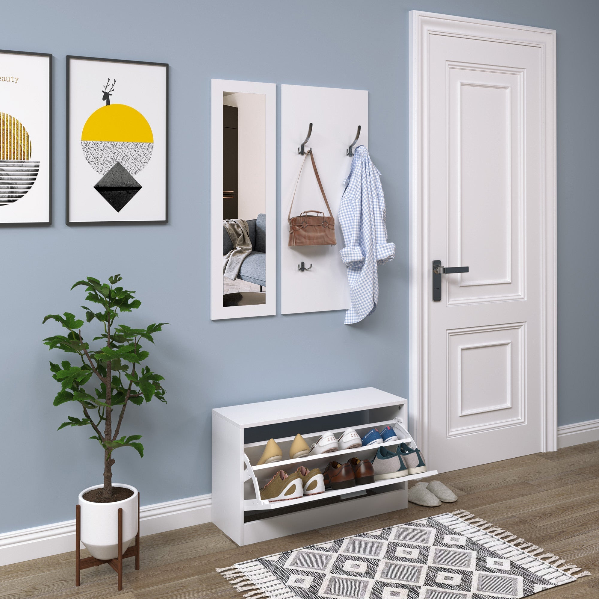 Mobile for wood entrance 3 pieces with shoe rack, hangers and mirror, 80x27x46.5cm - white - Borgè