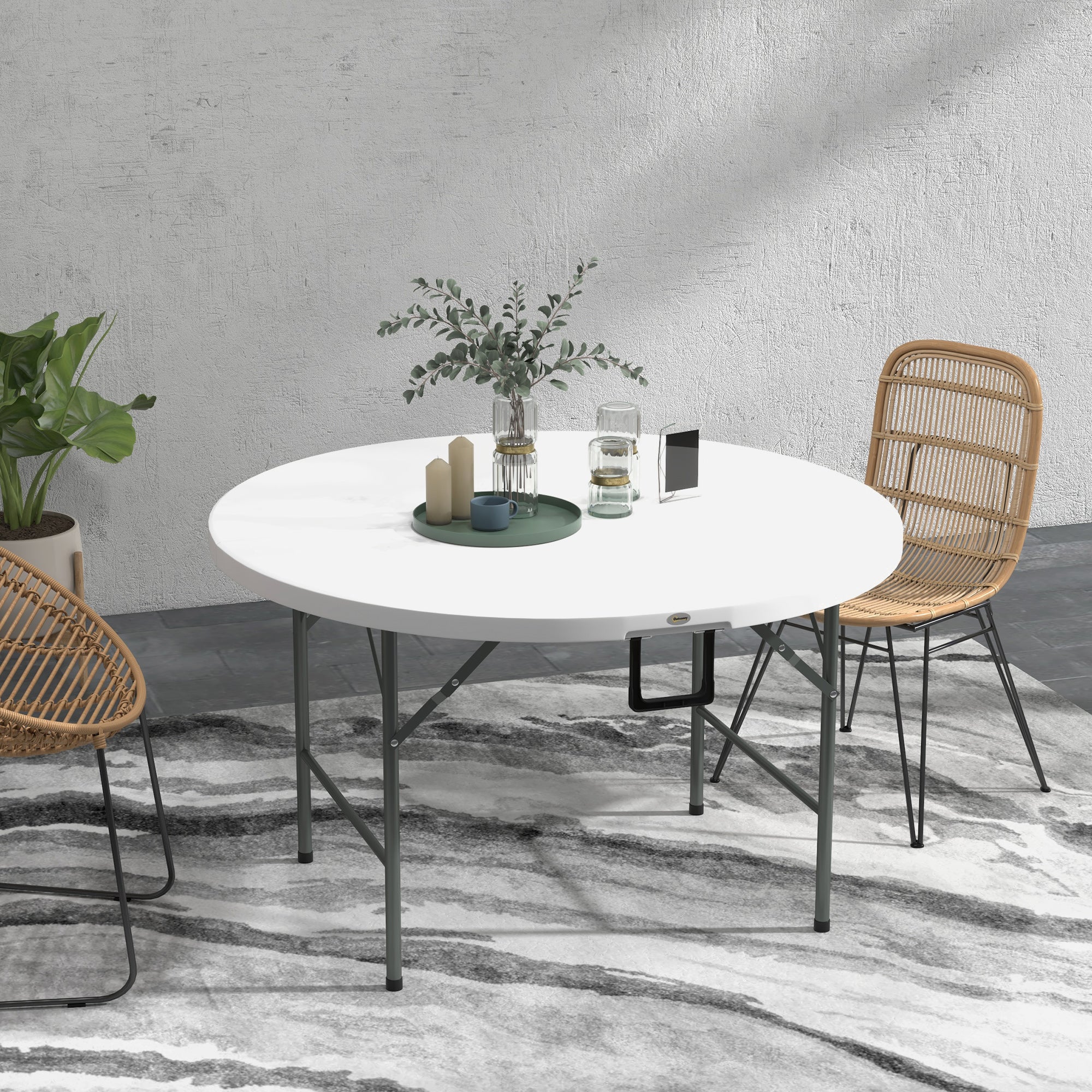 Outsunny folding table for garden and camping, in steel and HDPE, Ã˜122x73 cm, gray and white - Borgè