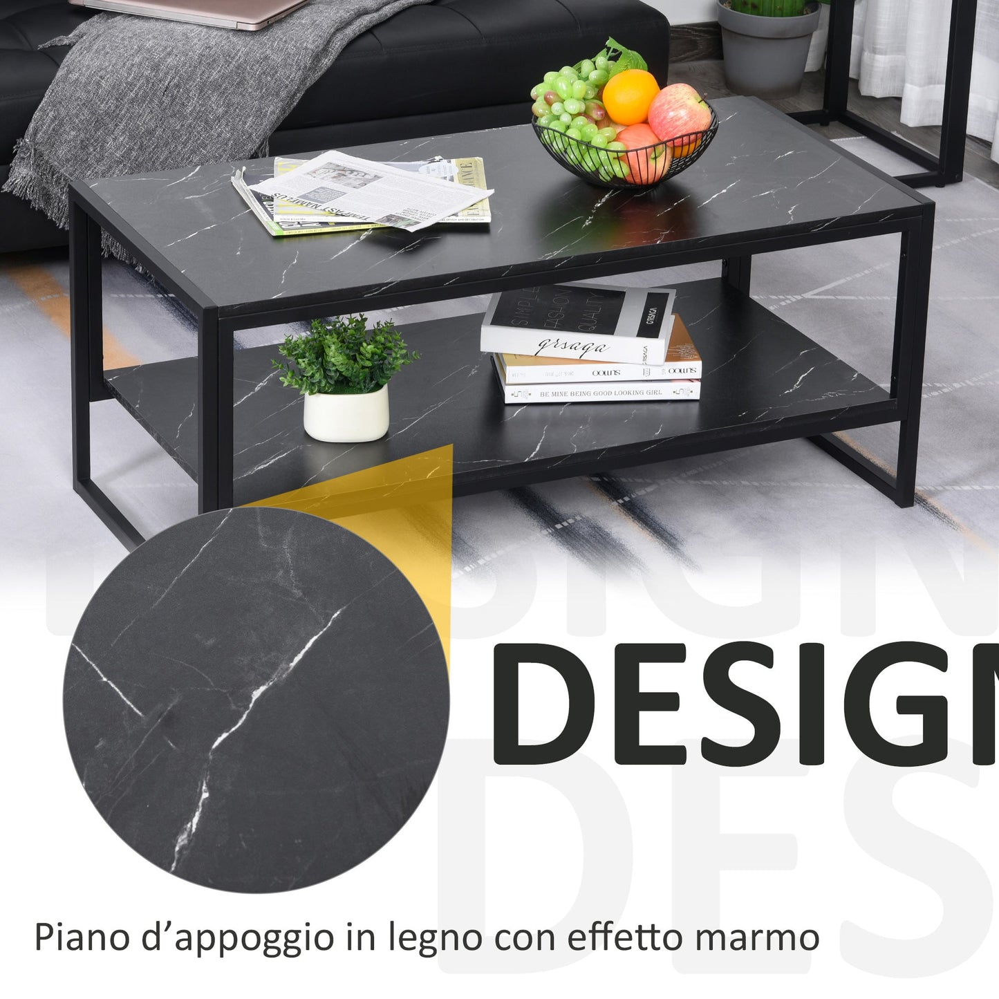 MALORCA | Black Marble Effect Coffee Table with Lower Shelf for Living Room or Office, 106x50x45cm - Borgè