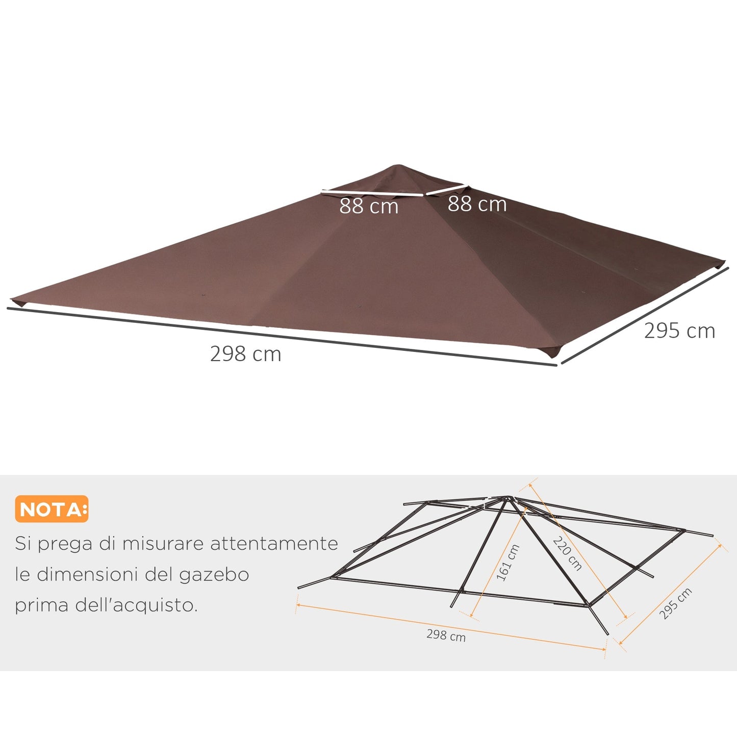 Outsunny spare roof 3x3m, replacement cloth for polyester garden gazebo with ventilation hole, coffee -colored - Borgè