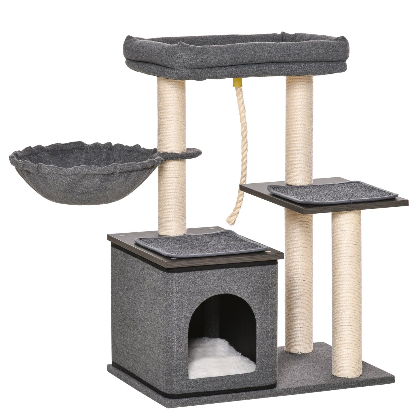 Cat Tree for cats with Scratch Pole with bed, hammock, house and poles in Sisal, 60x40x83cm, Grey - Borgè