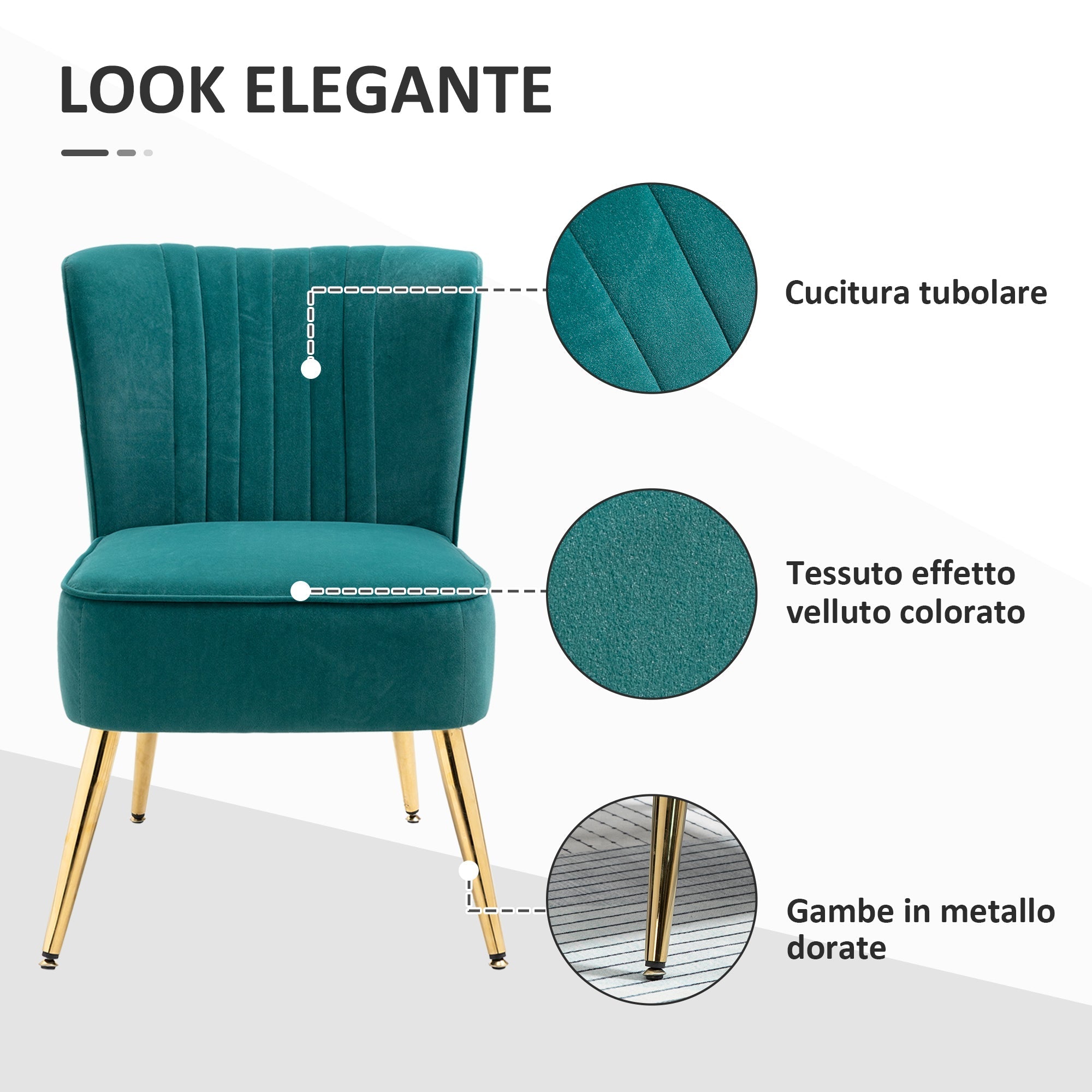 Modern Padded Scandinavian style armchair and covered in velvety fabric, 56x65.5x82.5cm - Green - Borgè