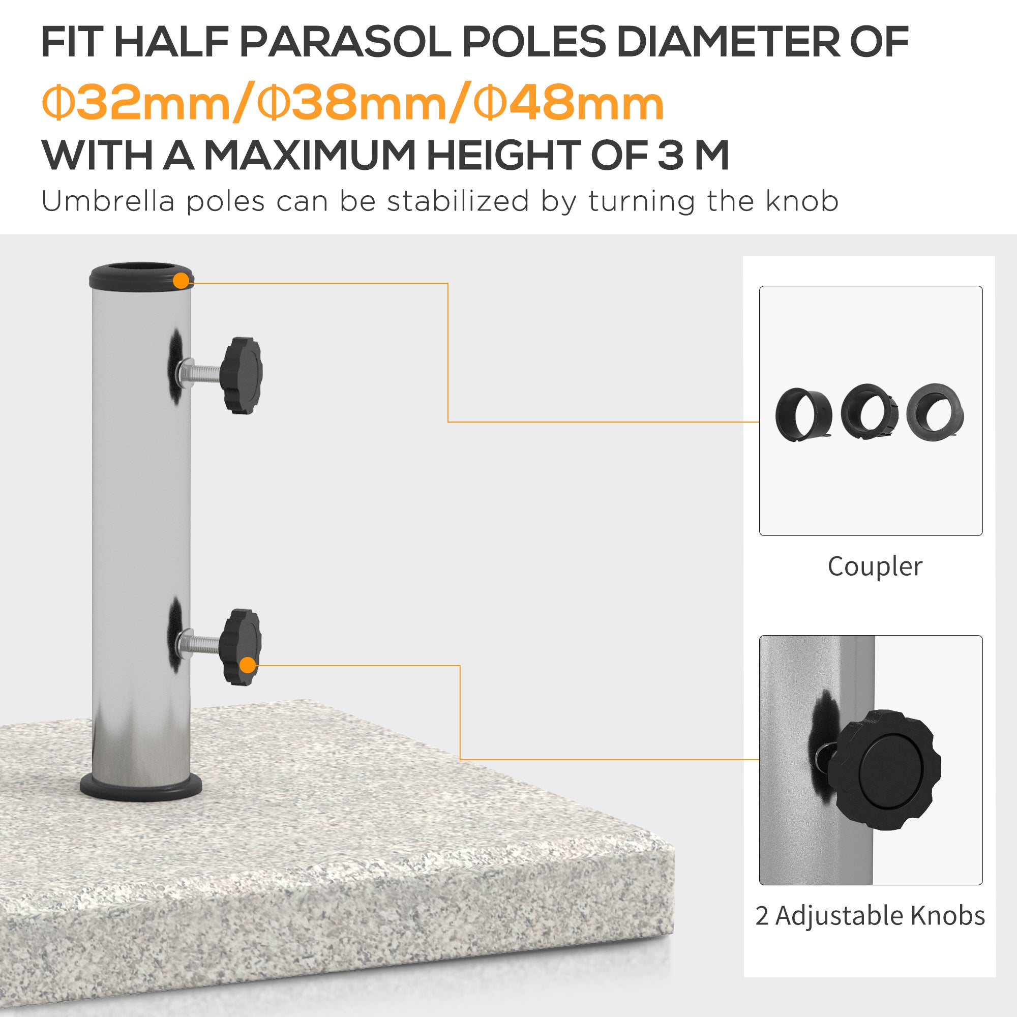 Base Outsunny for garden umbrella 25kg for Ã˜32mm poles, Ã˜38mm and Ã˜48mm, in granite and stainless steel, 38x38x38 cm, gray - Borgè