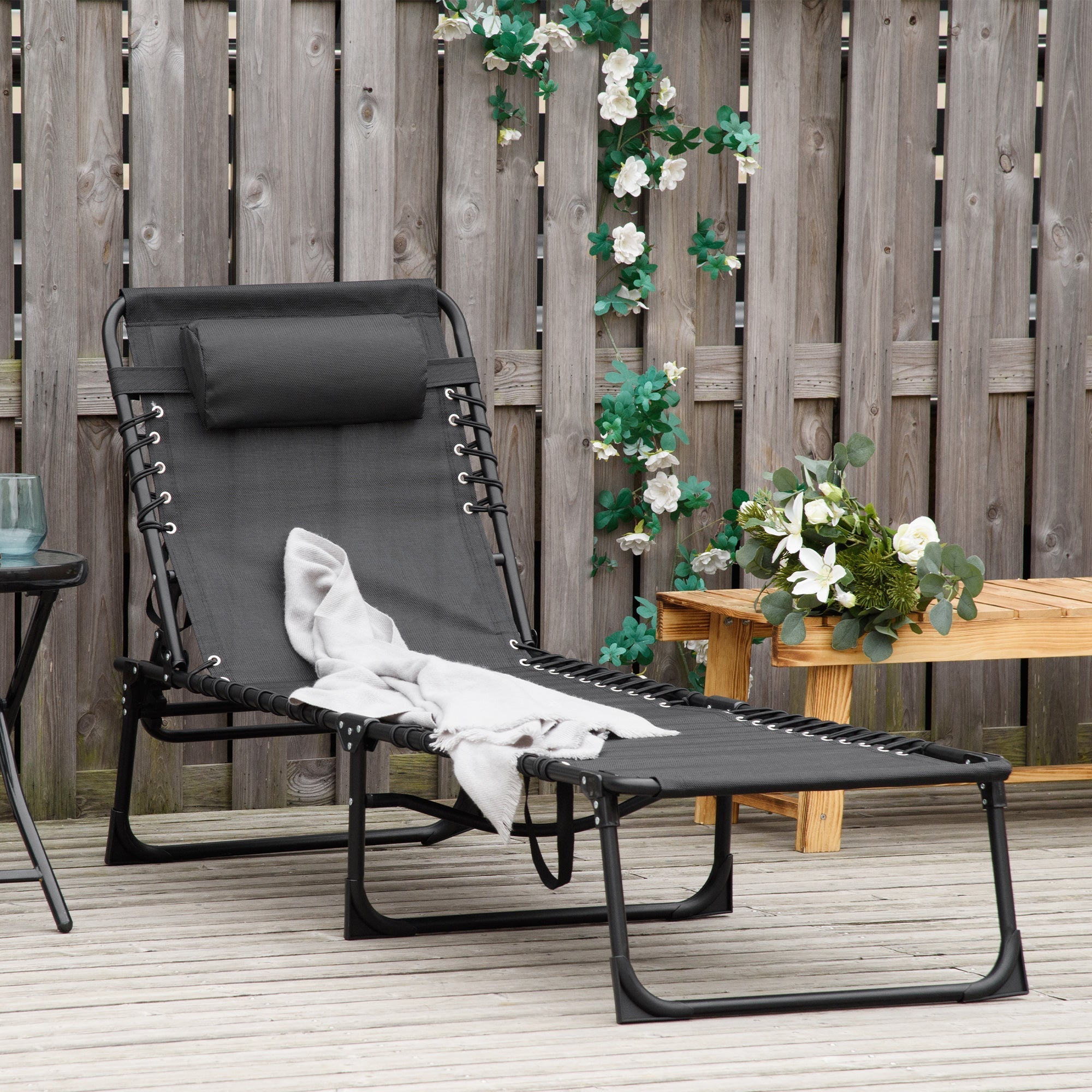 Steel and Breathable Fabric Sun Lounger with Reclining Backrest, 197x58x30 cm, Black - Borge' Group Limited