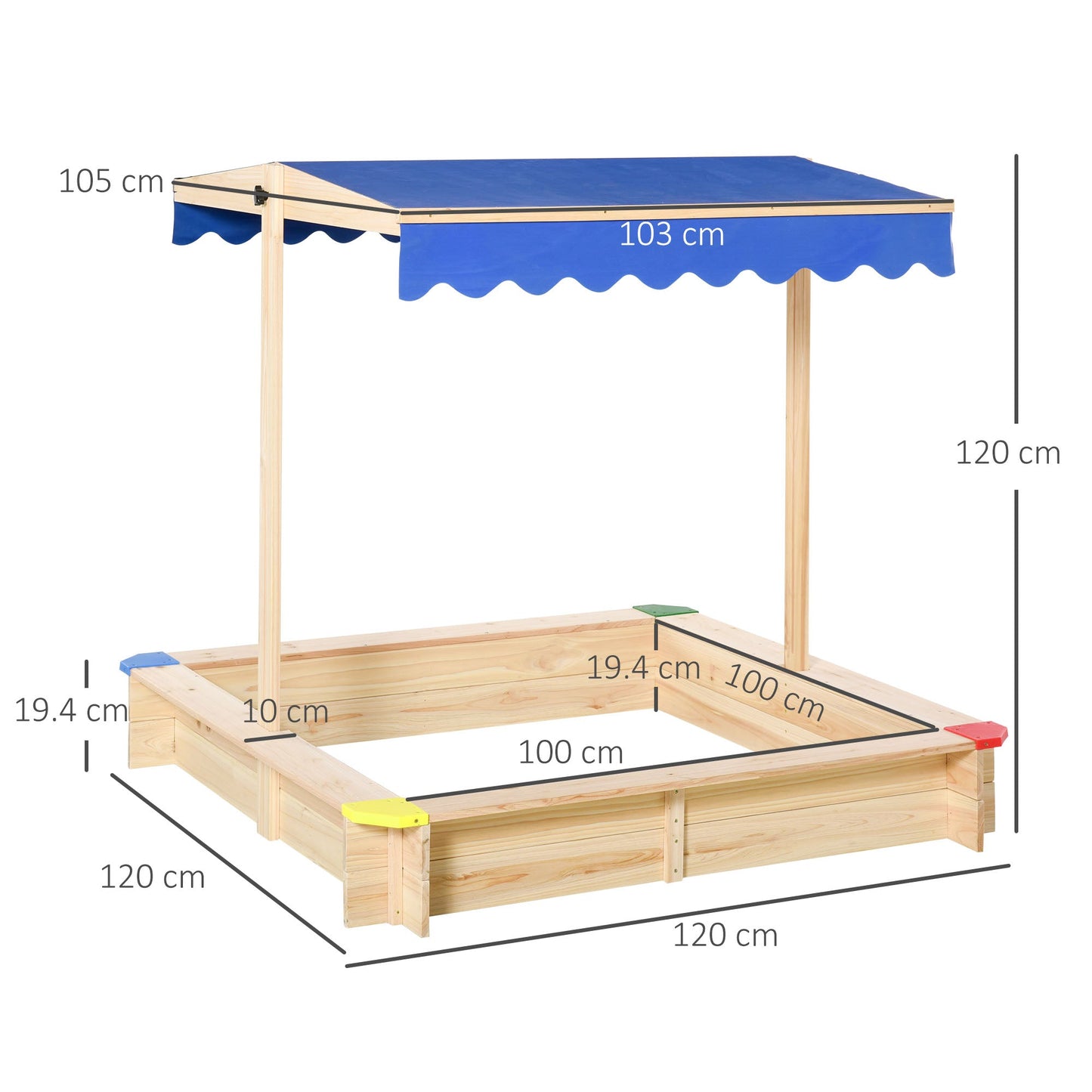 Outsunny Sabbiera For Children in Wooden Bench With Bench Adjustable Parasoles, 120x120x120cm - Borgè