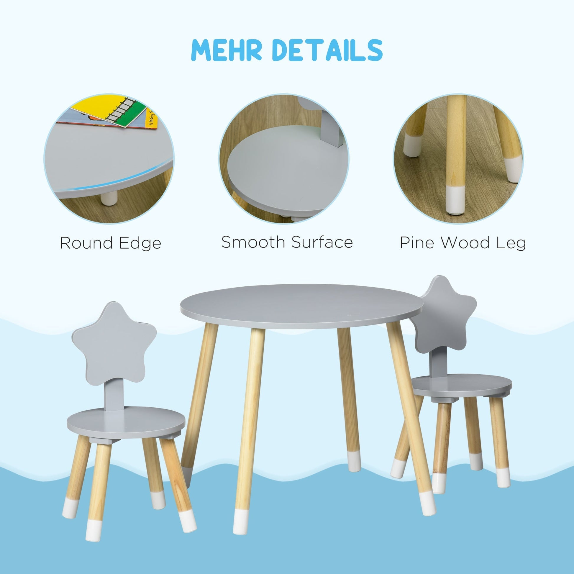 set table with 2 children's chairs in wood, age from 18 months to 4 years, Grey - Borgè