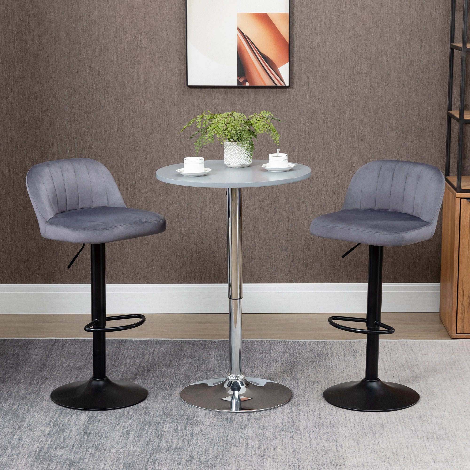 Set of 2 Bar Stools with Backrest and Footrest, Swivel with Adjustable Height, Grey - Borgè