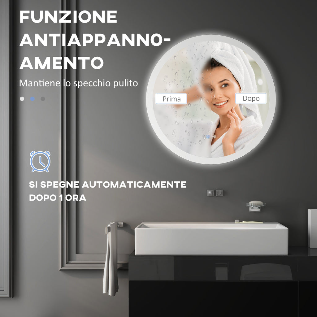 kleankin Round Bathroom Mirror with LED Lights, Wall-Mounted Dimmable Makeup Mirror with 3 Temperature Colours, Defogging Film, Memory Function, Hardwired, 70 x 70 cm - Borgè