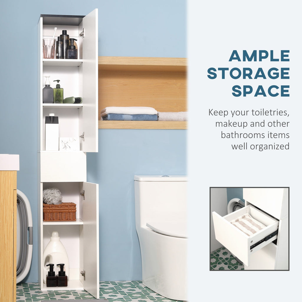 Kleankin Bathroom cabinet with adjustable shelf, 2 closed shelves and a wooden drawer, 30x28x180 cm, white - Borgè