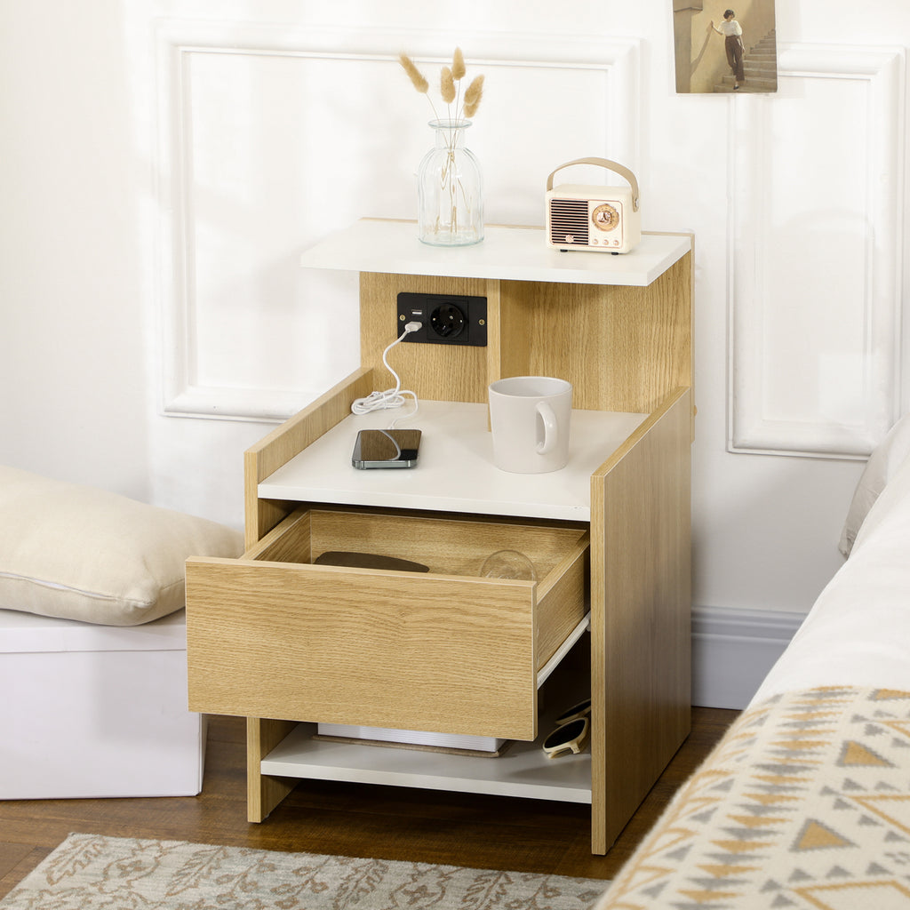 Homcom modern bedside table with 2 sockets and USB ports and a chipboard drawer, 40x40x60cm, wooden color - Borgè