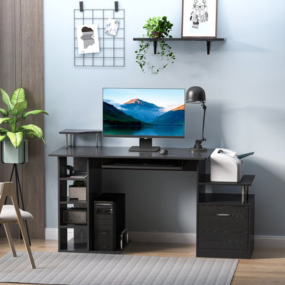 Desk for modern computer with drawers, shelves and removable keyboard, office desk for black wooden wood 152x60x88cm - Borgè