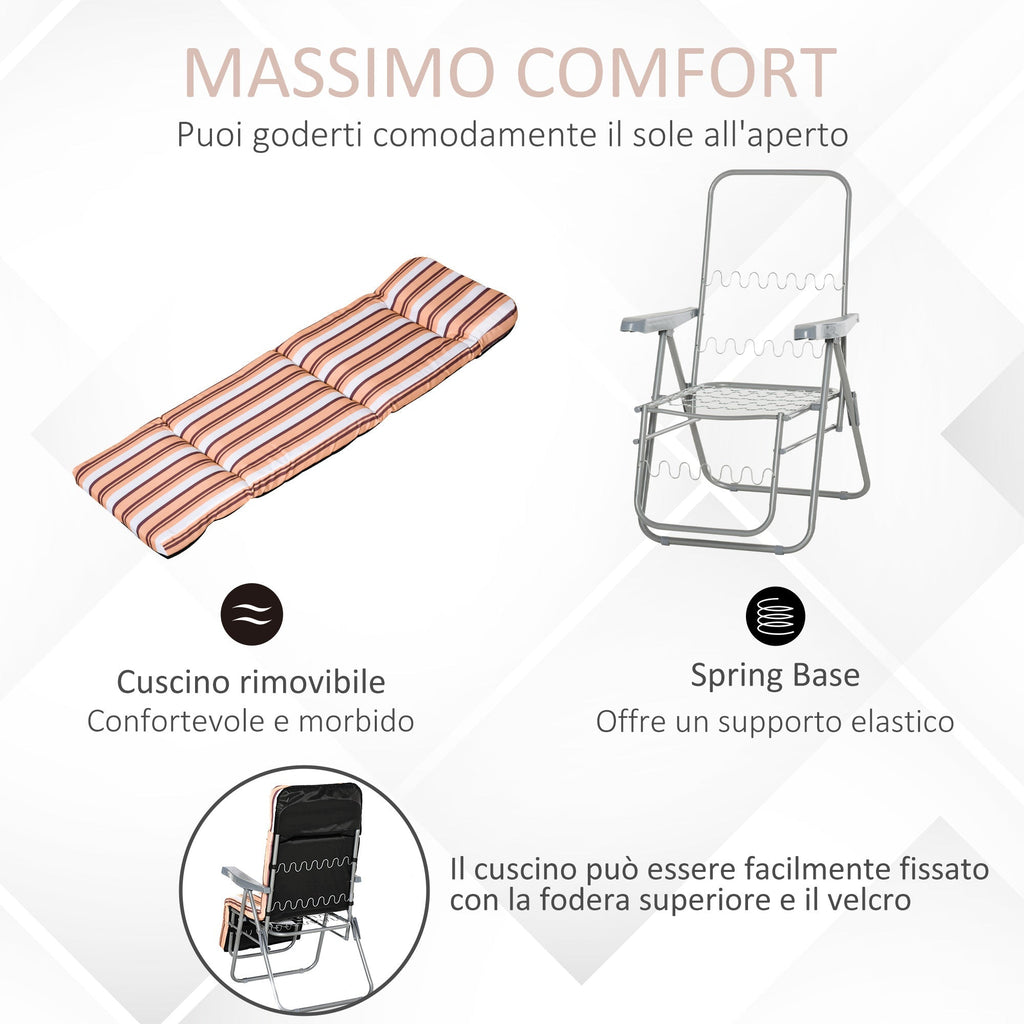 Outdoor Deck Chair Set of 2, 5-Position Reclining with Cushion, 60x75x102cm Grey Orange - Borge' Group Limited