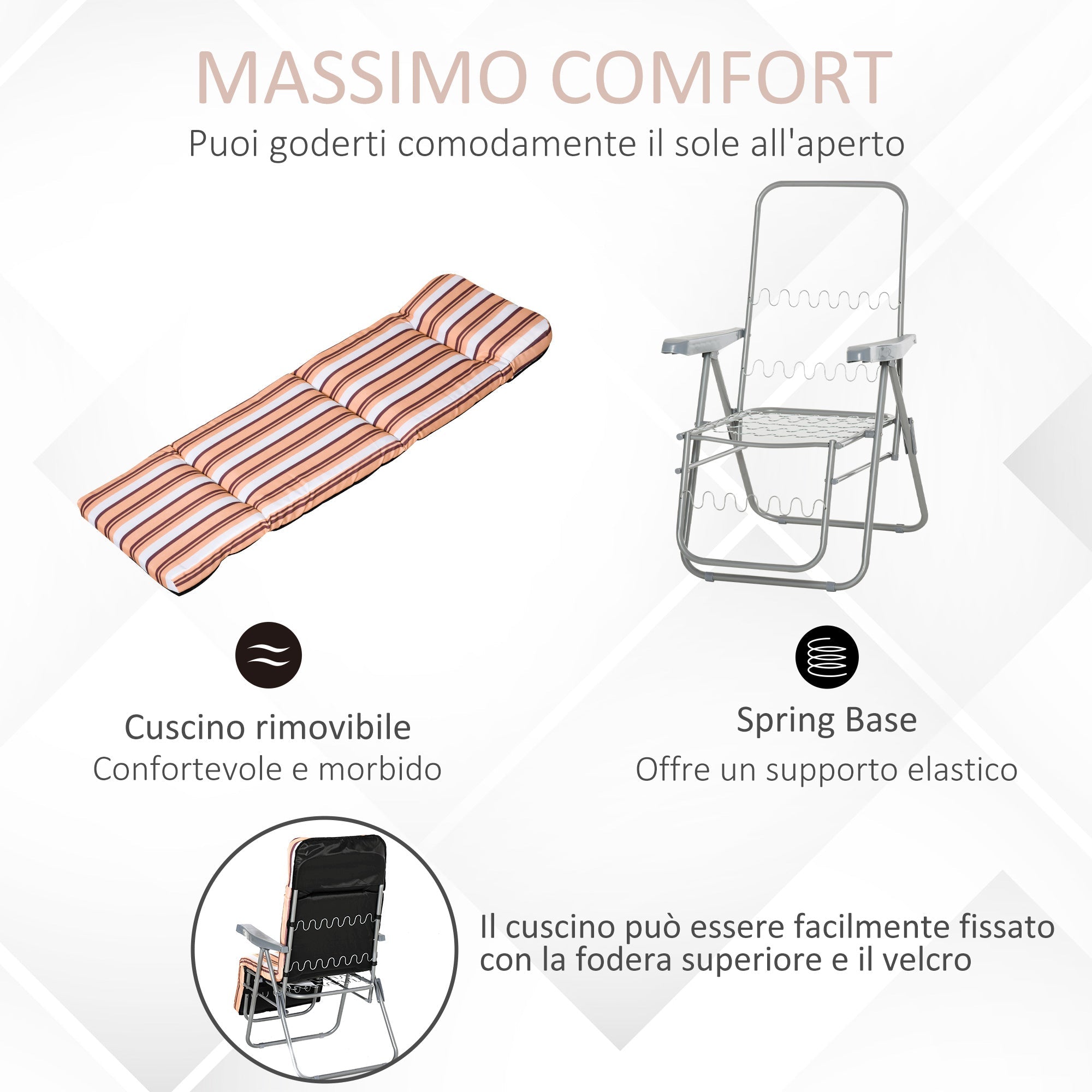 Outdoor Deck Chair Set of 2, 5-Position Reclining with Cushion, 60x75x102cm Grey Orange - Borge' Group Limited