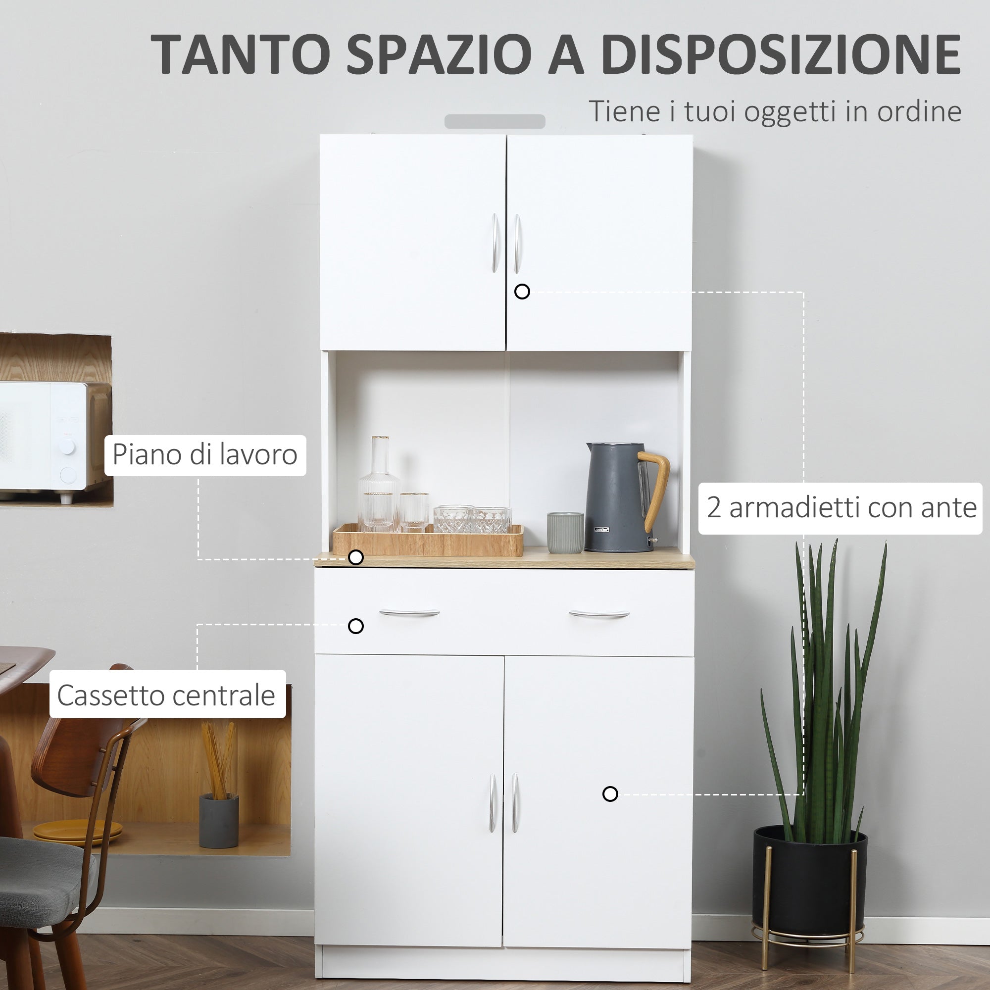Homcom Kitchen Credenza with 2 doors and wooden drawers, 80x40x180cm, white - Borgè