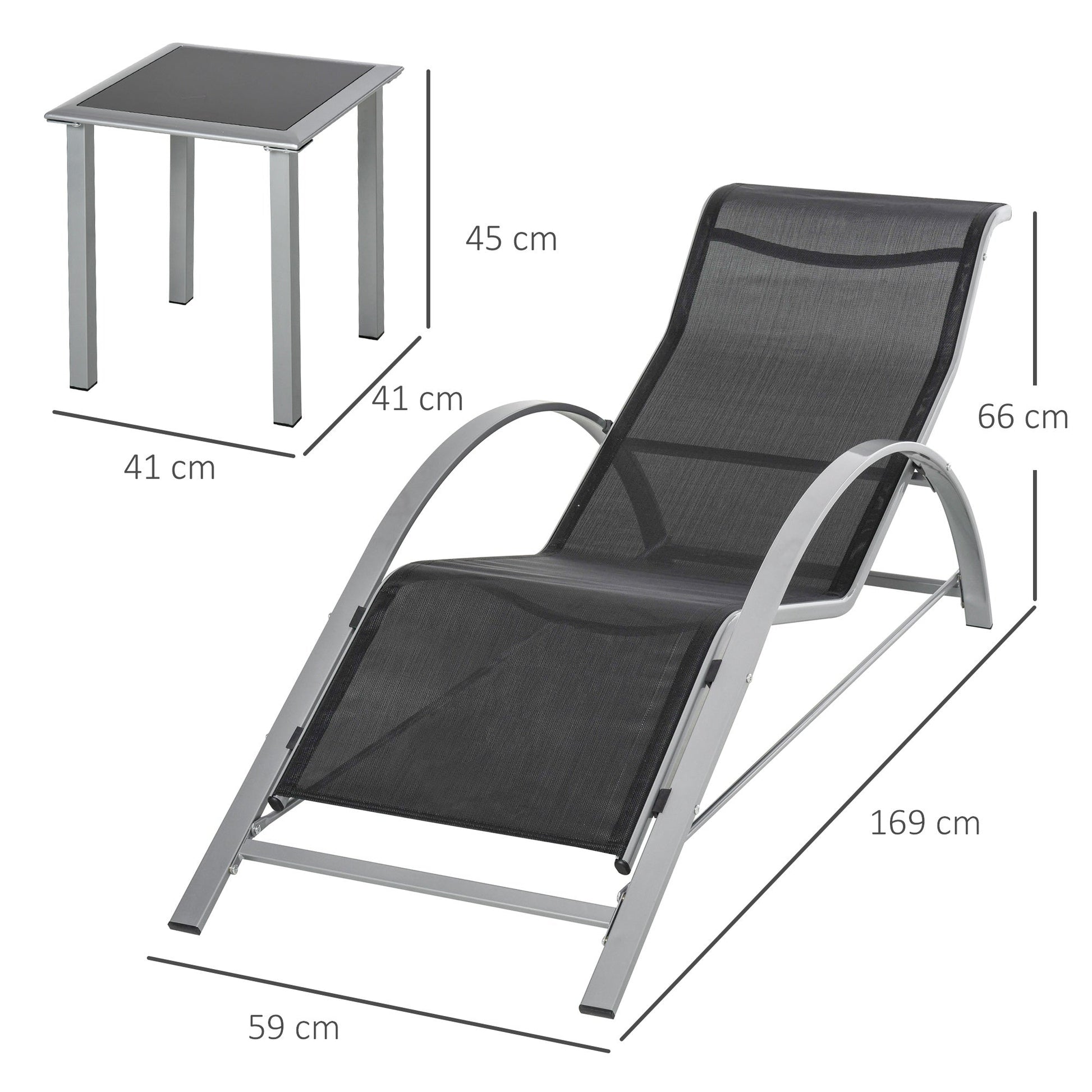 Outsunny set 2 garden deckchair and glass table, sunbathing with black breathable fabric - Borgè