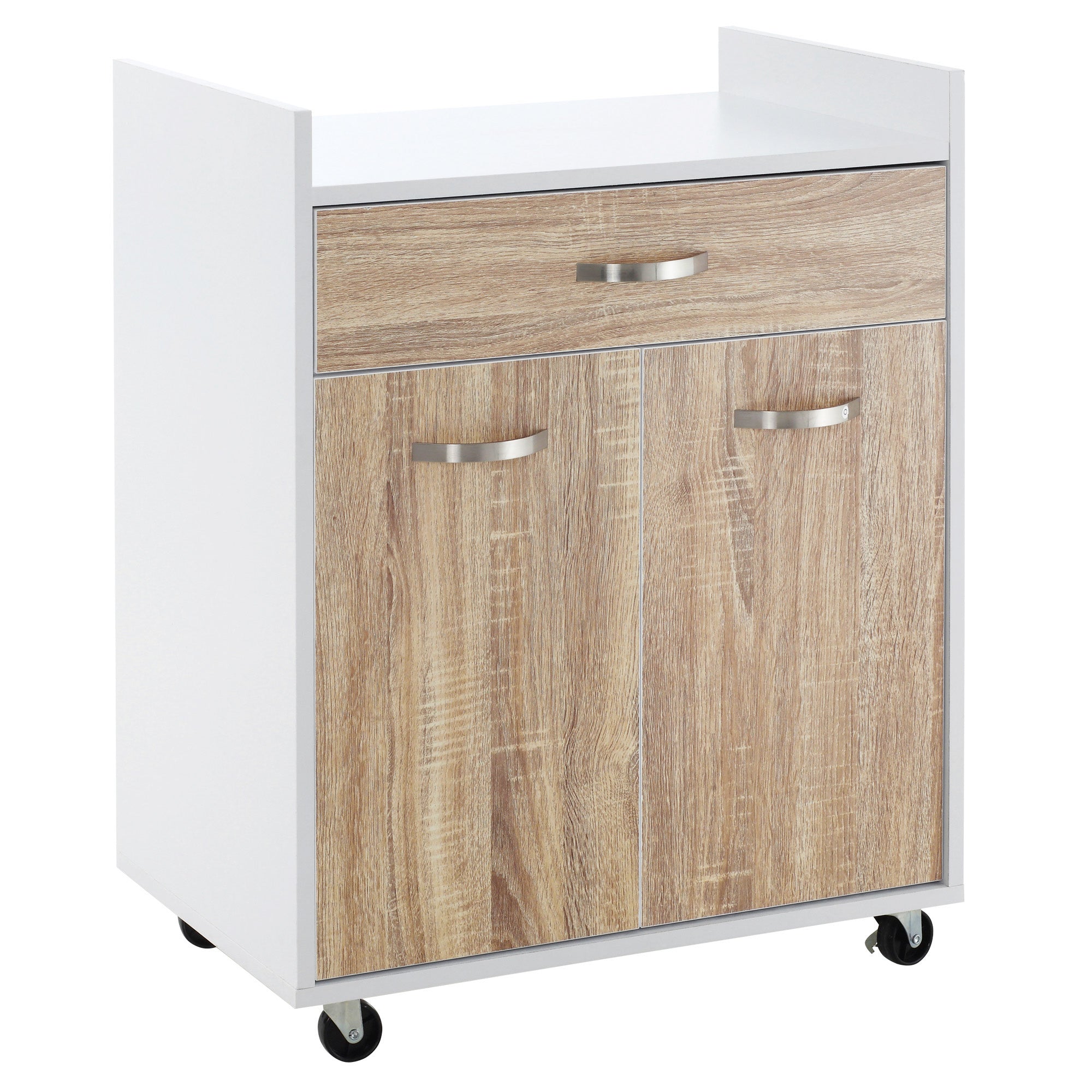 Kitchen Trolley Road for microwave with drawer, locker and 4 wheels, in wood, 60x40x77cm - white/oak - Borgè