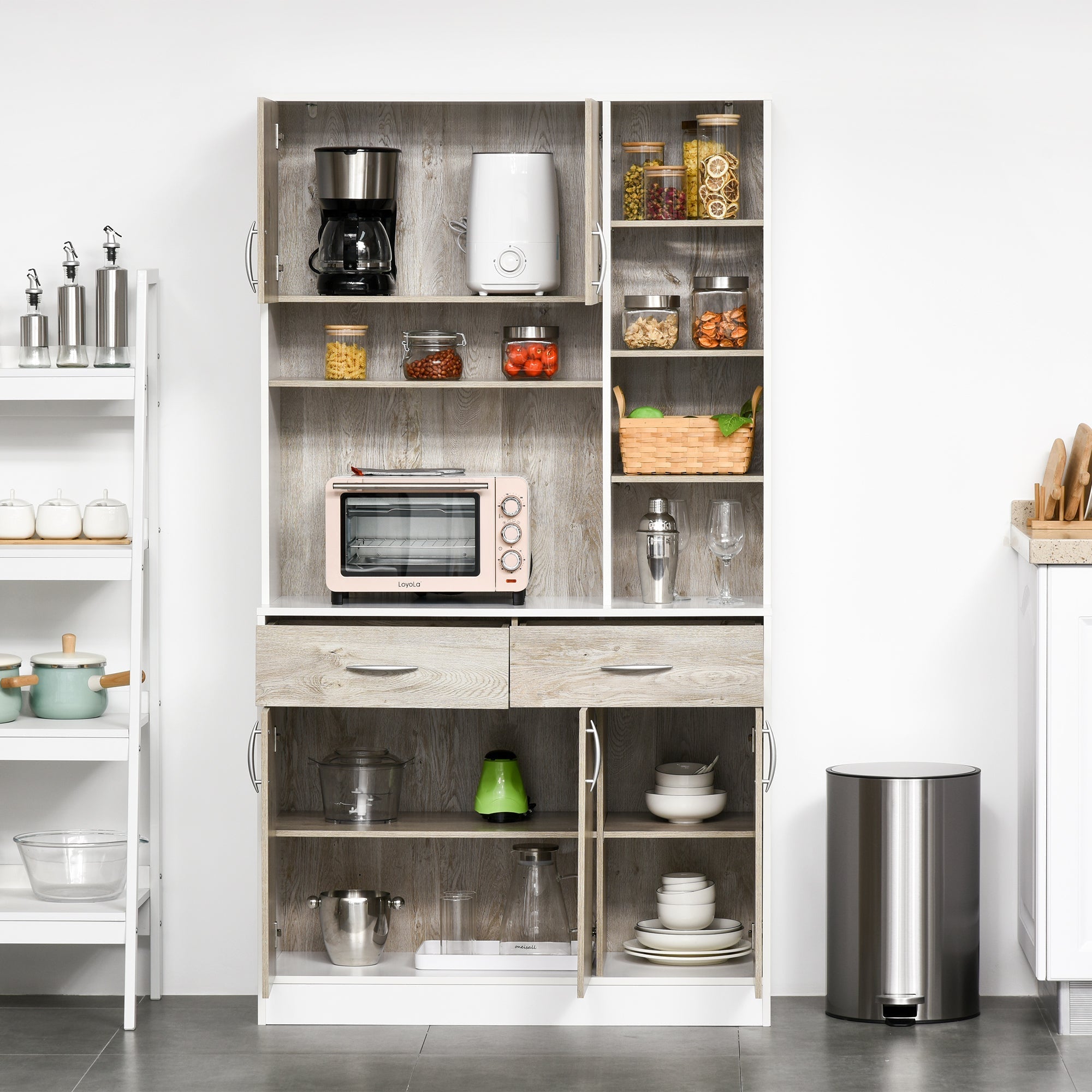Mobile buffet dispensation kitchen, white and wood, open drawers open - Borgè