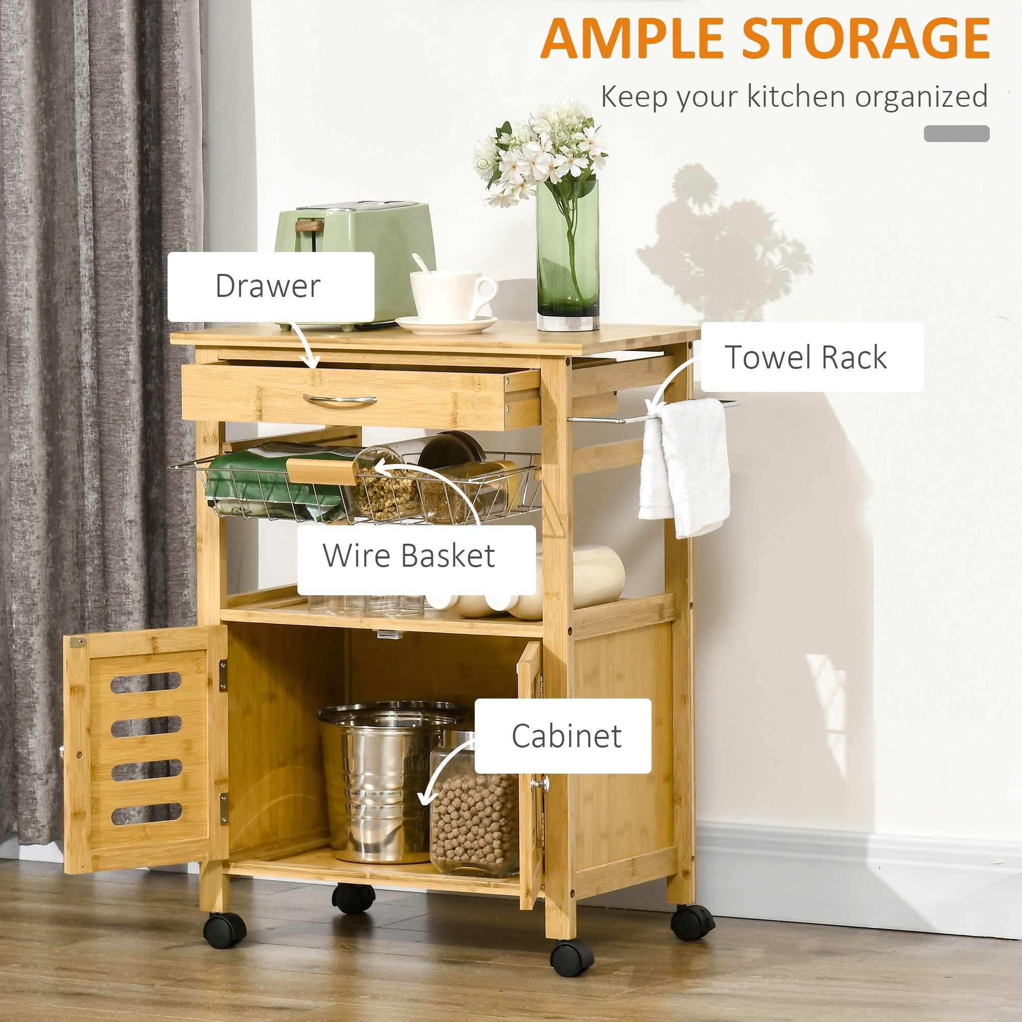 kitchen trolley with drawer, locker and removable wooden basket with swivel wheels, 66x36x79cm - Borgè