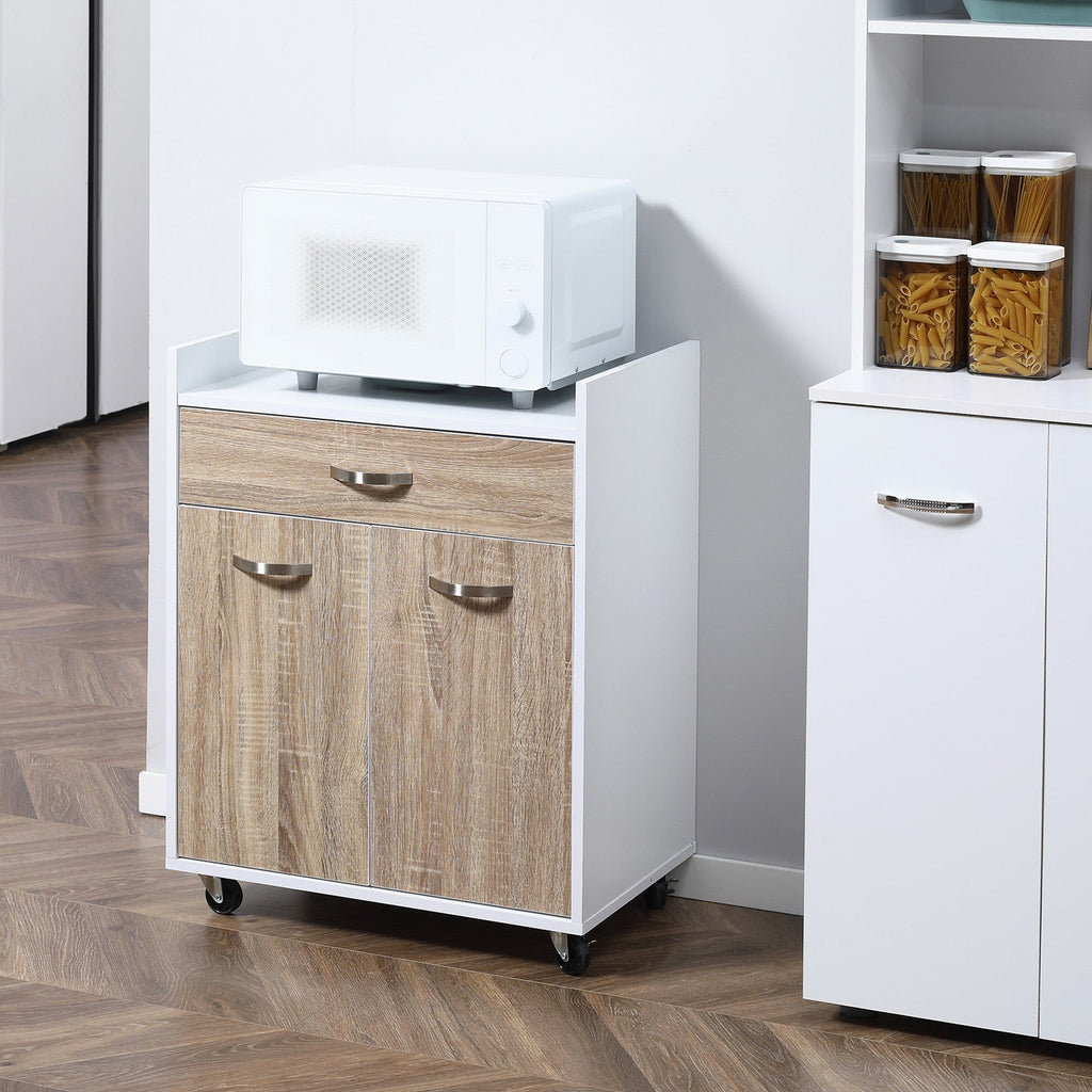 Kitchen Trolley Road for microwave with drawer, locker and 4 wheels, in wood, 60x40x77cm - white/oak - Borgè