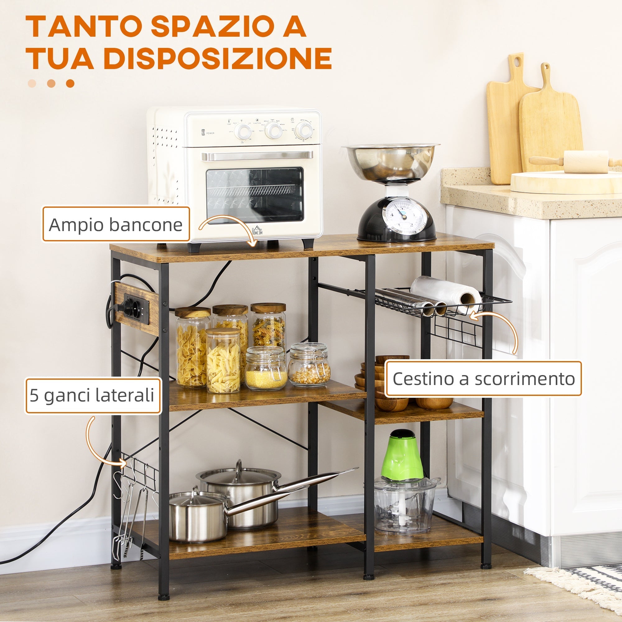 Homcom Kitchen Mobile with 3 shelves in chipboard with power outlet, USB port and basket, 90x40x83cm - Borgè