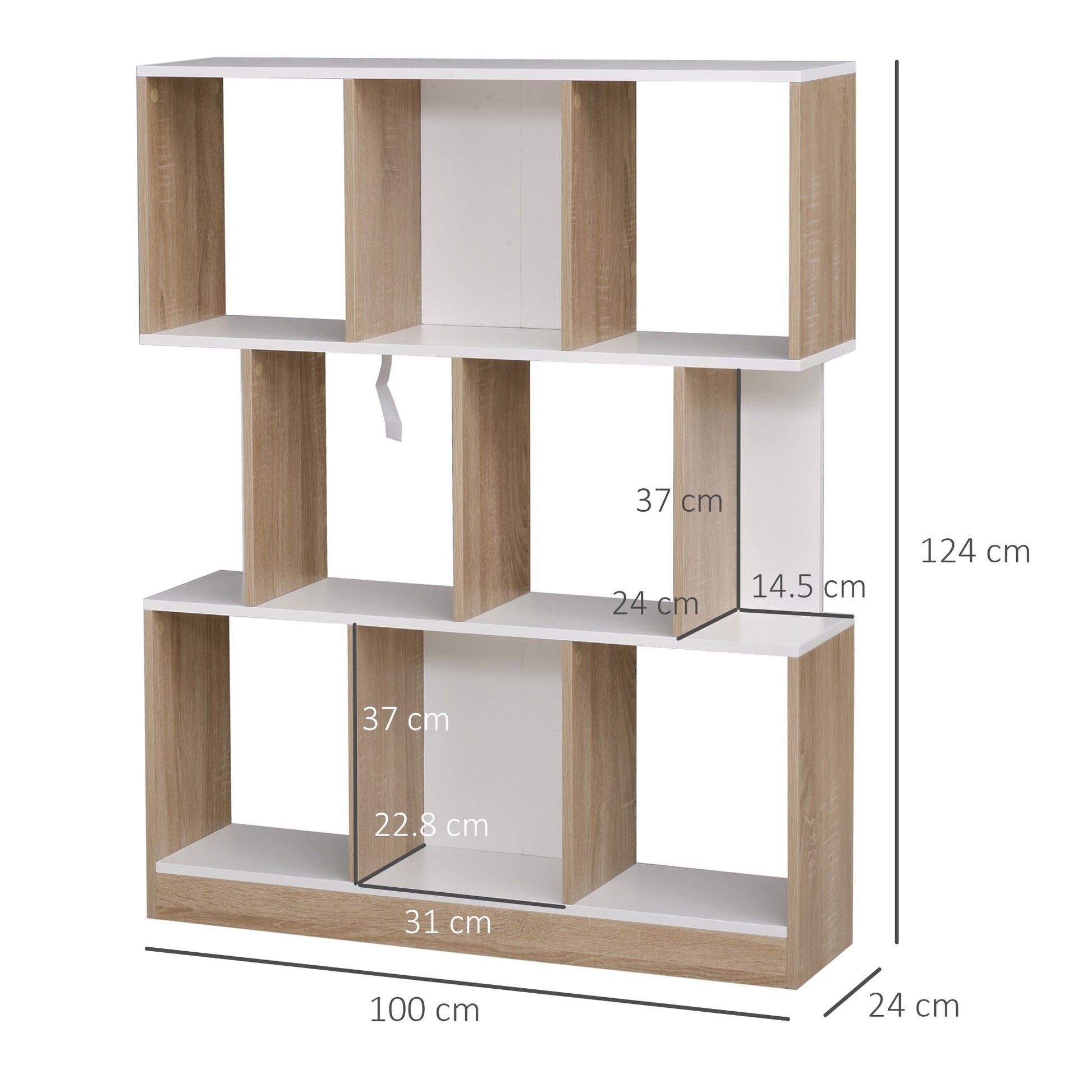 Homonda Modern Wall Library in Wooden, 8 shelves for living room and rooms, oak and white - Borgè