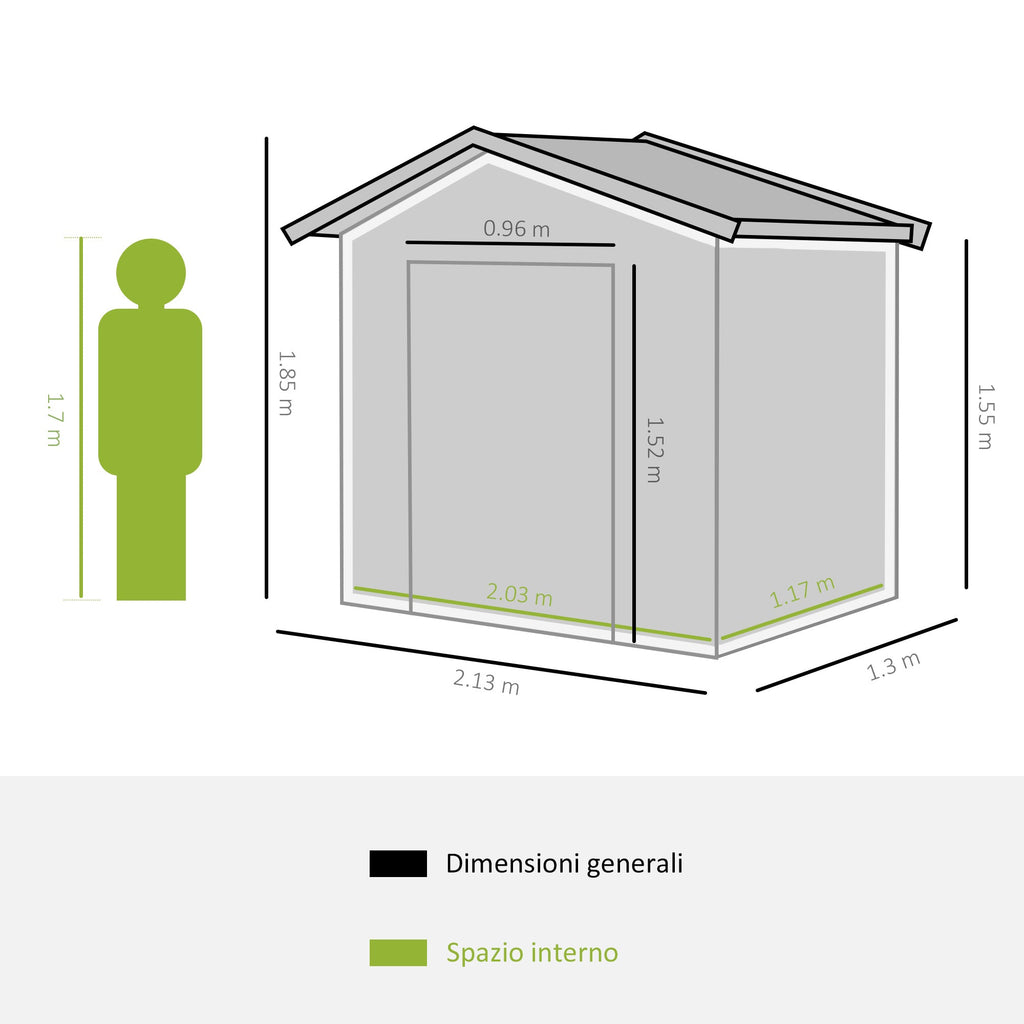 Garden Shed Tool Shed in Sheet Metal with Sliding Doors, 213x130x185cm, Green - Borge' Group Limited