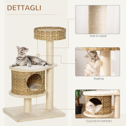 PAWHUT TRAGRAFFI tree for adult cats and 95cm kittens kennels and cottan cats in rattan and poles in Sisal - Borgè