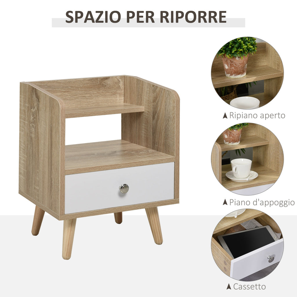 bedside table saving cabinet with drawer and wooden shelf 37x30x48cm - oak/white - Borgè