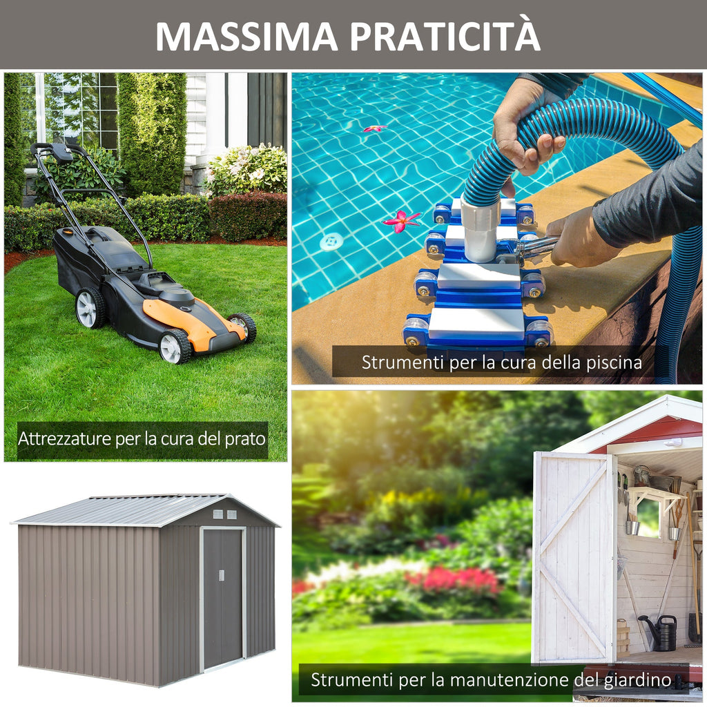 Garden Shed with Double Sliding Doors Steel Sheet, Steel Garden Shed, 277x195x192cm, Grey - Borge' Group Limited